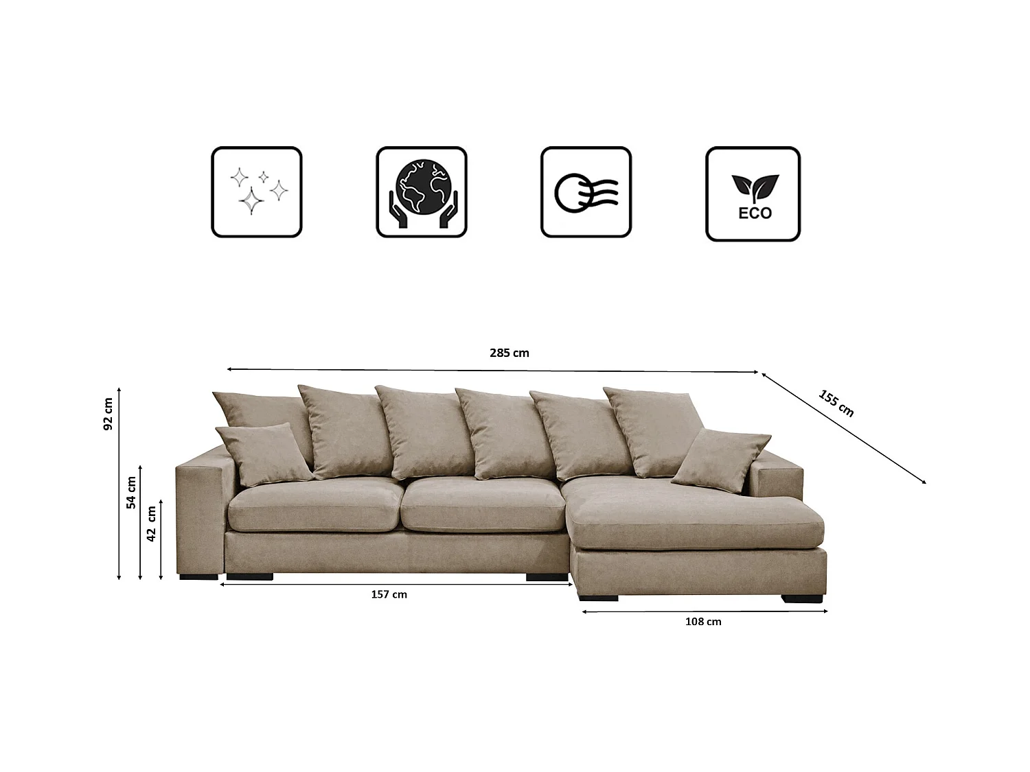 Canapé d'angle avec fonction couchage et coffre de lit, canapé en L, canapé en L tissu Gabon Riviera Droite Beige