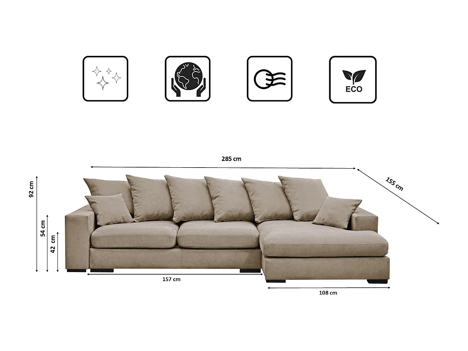 Canapé d'angle avec fonction couchage et coffre de lit, canapé en L, canapé en L tissu Gabon Riviera Droite Beige