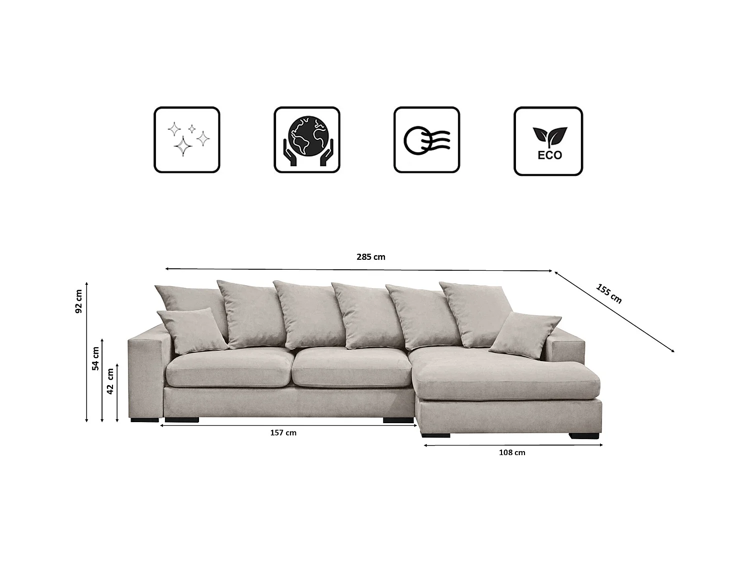 Canapé d'angle avec fonction couchage et coffre de lit, canapé en L, canapé en L tissu Gabon Riviera Droite Gris Clair