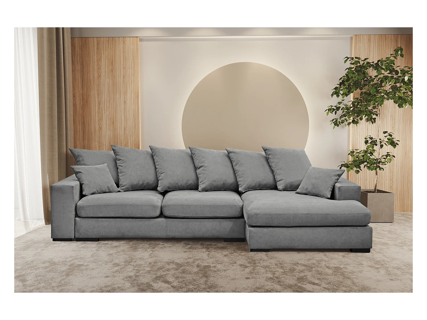 Canapé d'angle avec fonction couchage et coffre de lit, canapé en L, canapé en L tissu Gabon Riviera Droite Gris