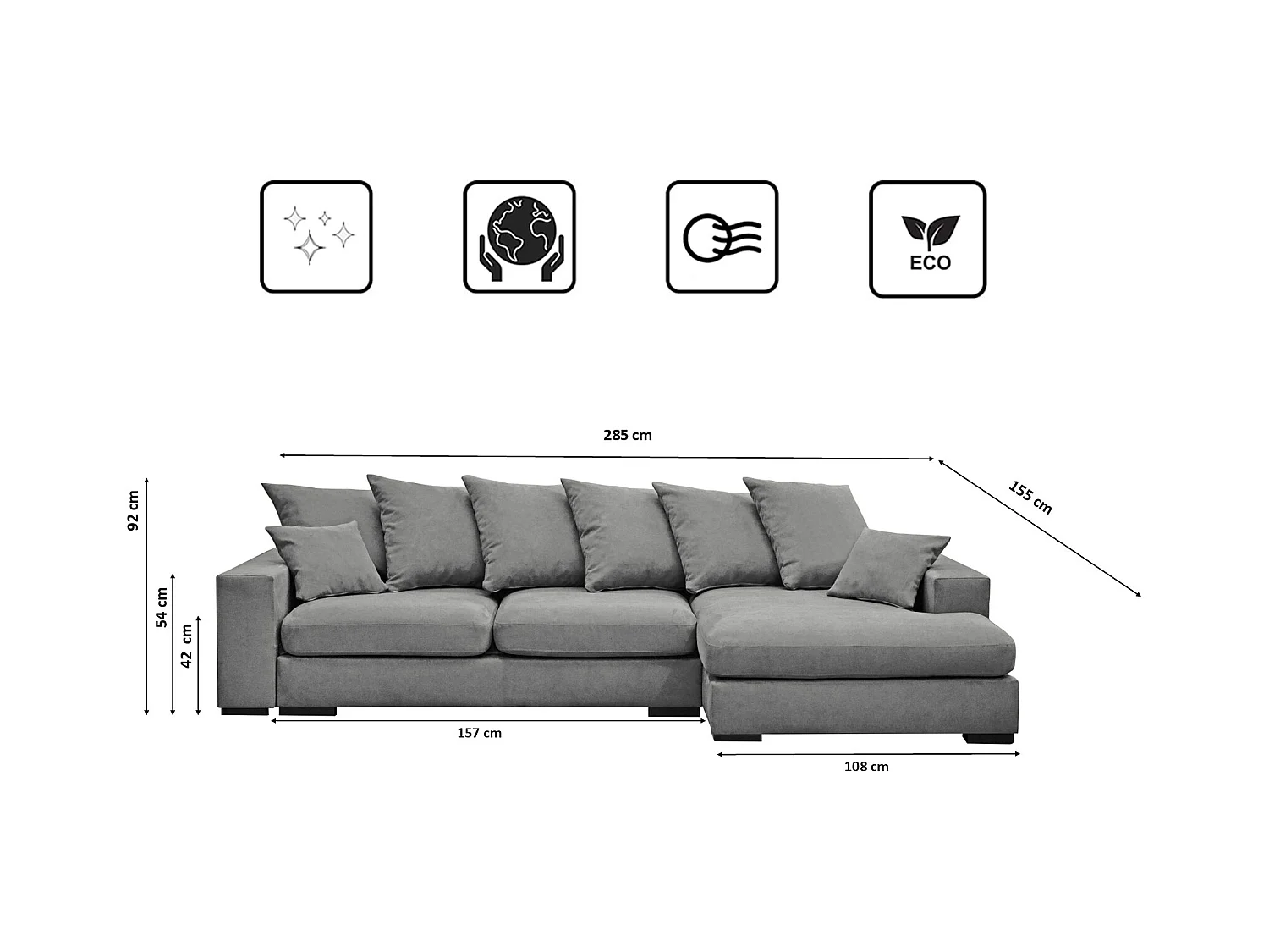 Canapé d'angle avec fonction couchage et coffre de lit, canapé en L, canapé en L tissu Gabon Riviera Droite Gris