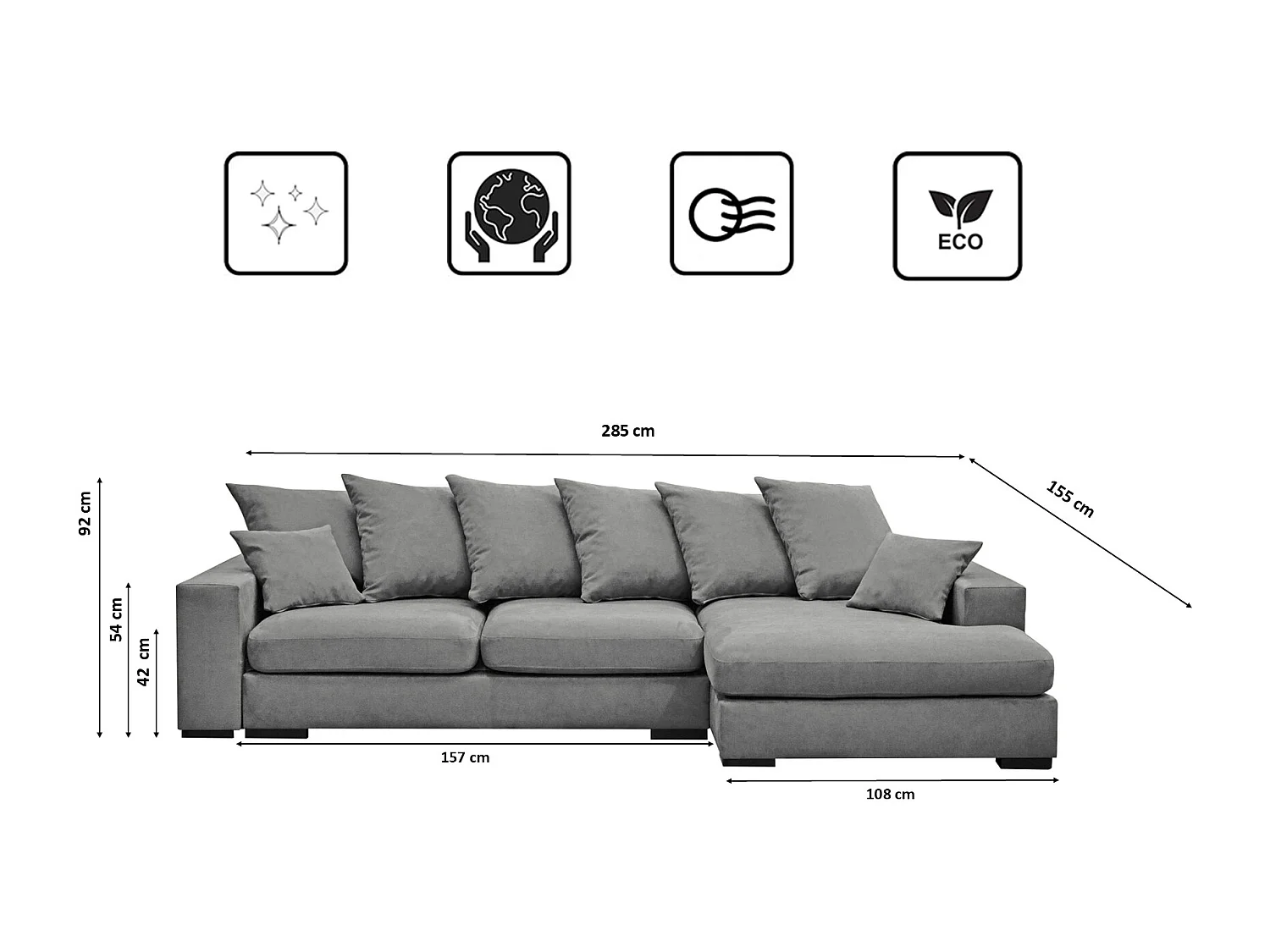 Divano angolare con funzione letto e contenitore, divano a L, divano a L tessuto Gabon Riviera Right Grey