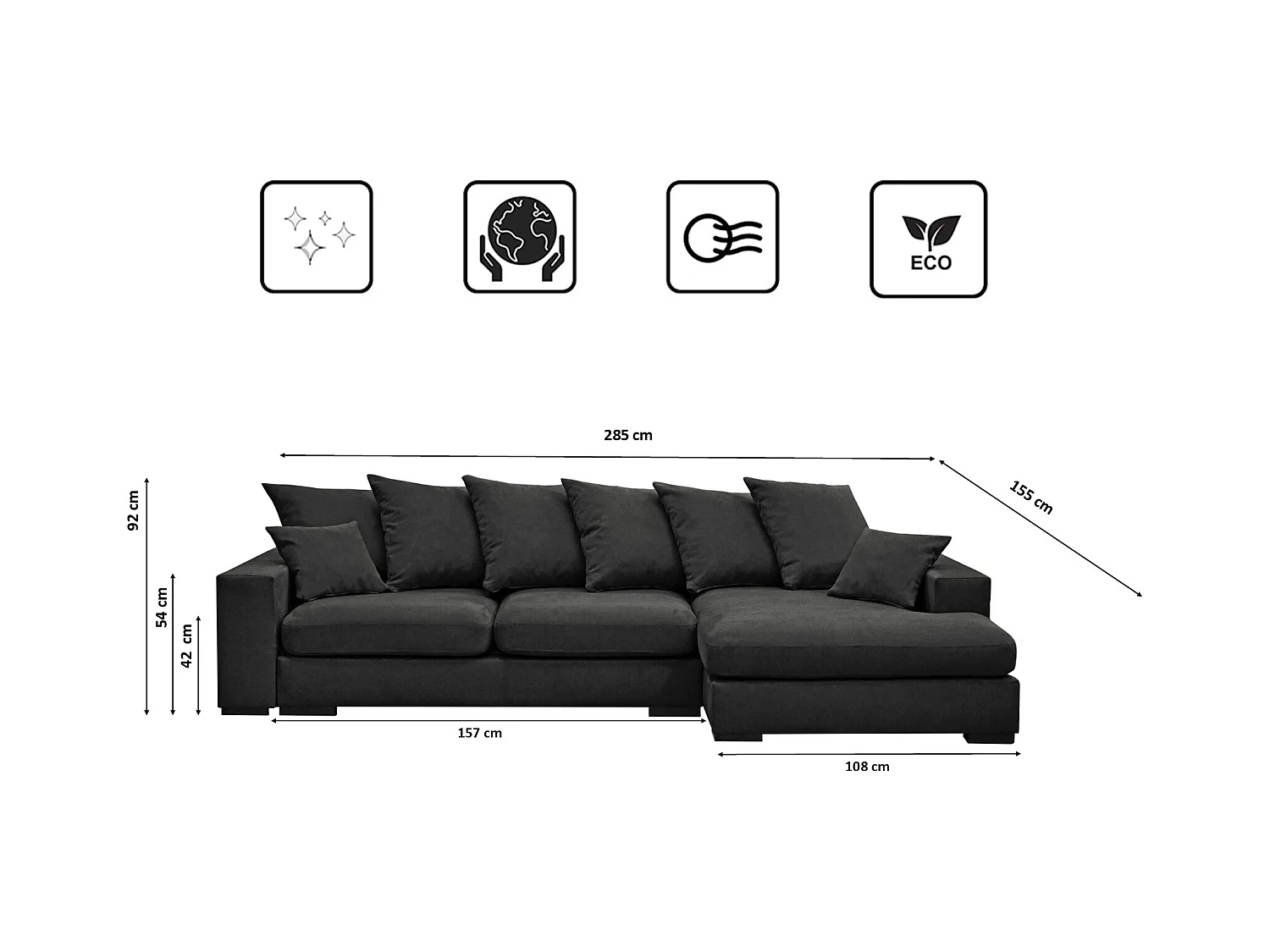 Canapé d'angle avec fonction couchage et coffre de lit, Canapé forme L, Canapé forme L tissu Gabon Riviera Droite Graphite