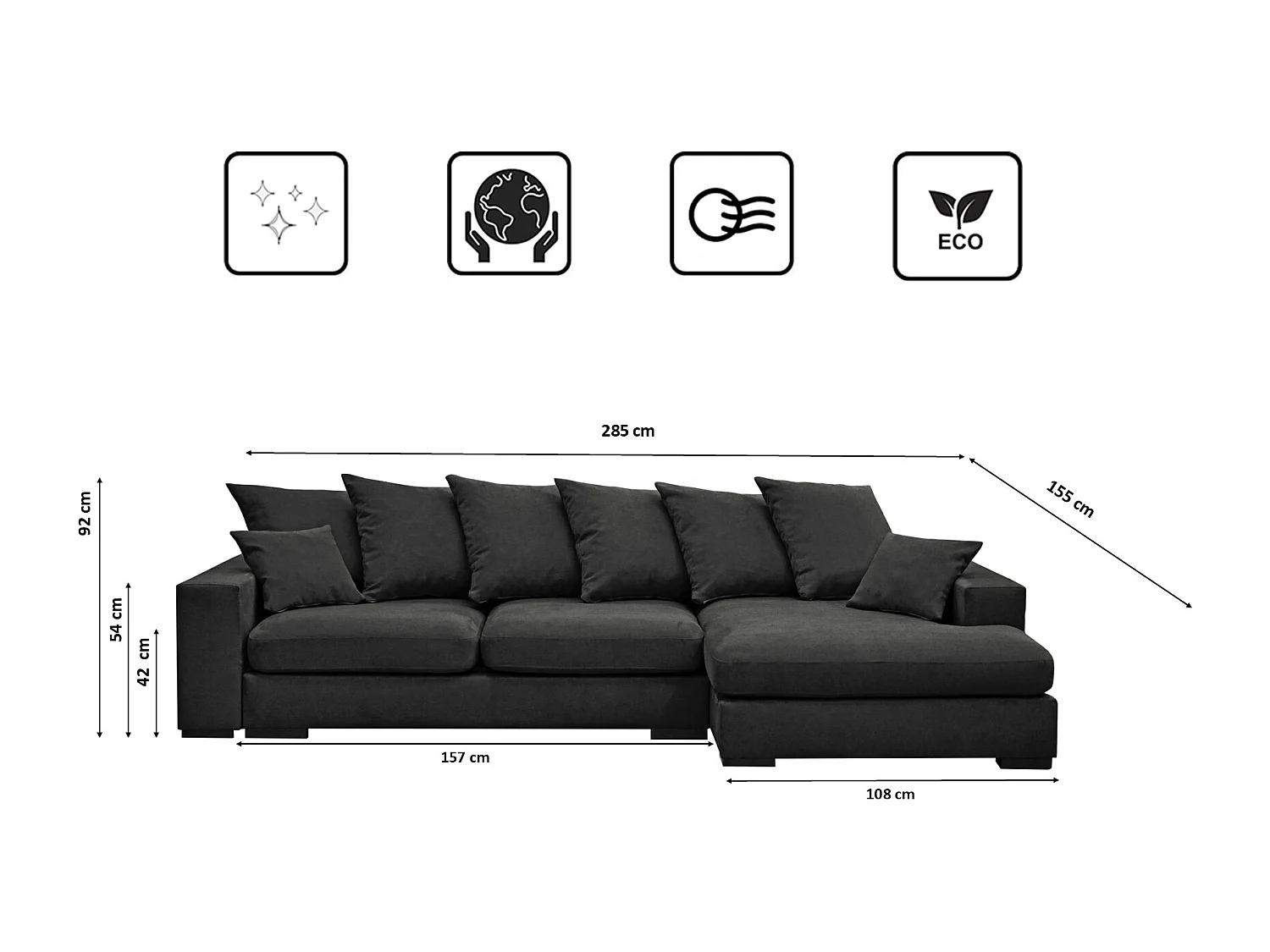 Canapé d'angle avec fonction couchage et coffre de lit, Canapé forme L, Canapé forme L tissu Gabon Riviera Droite Graphite