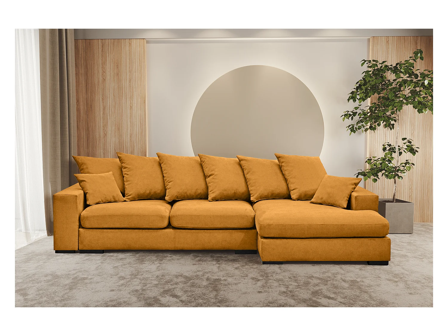 Canapé d'angle avec fonction couchage et coffre de lit, Canapé forme L, Canapé forme L tissu Gabon Riviera Droite Orange