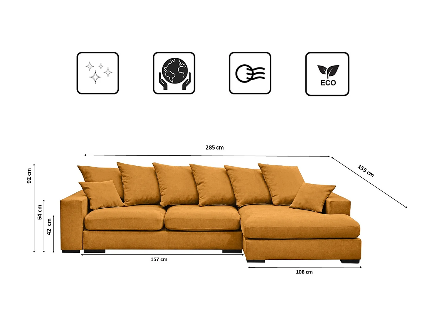 Canapé d'angle avec fonction couchage et coffre de lit, Canapé forme L, Canapé forme L tissu Gabon Riviera Droite Orange