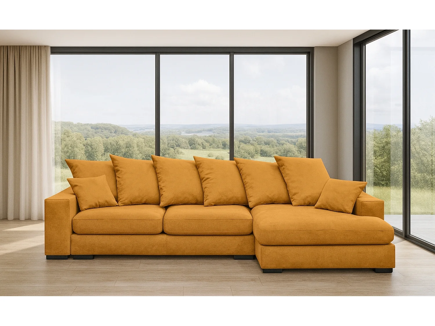 Canapé d'angle avec fonction couchage et coffre de lit, Canapé forme L, Canapé forme L tissu Gabon Riviera Droite Orange