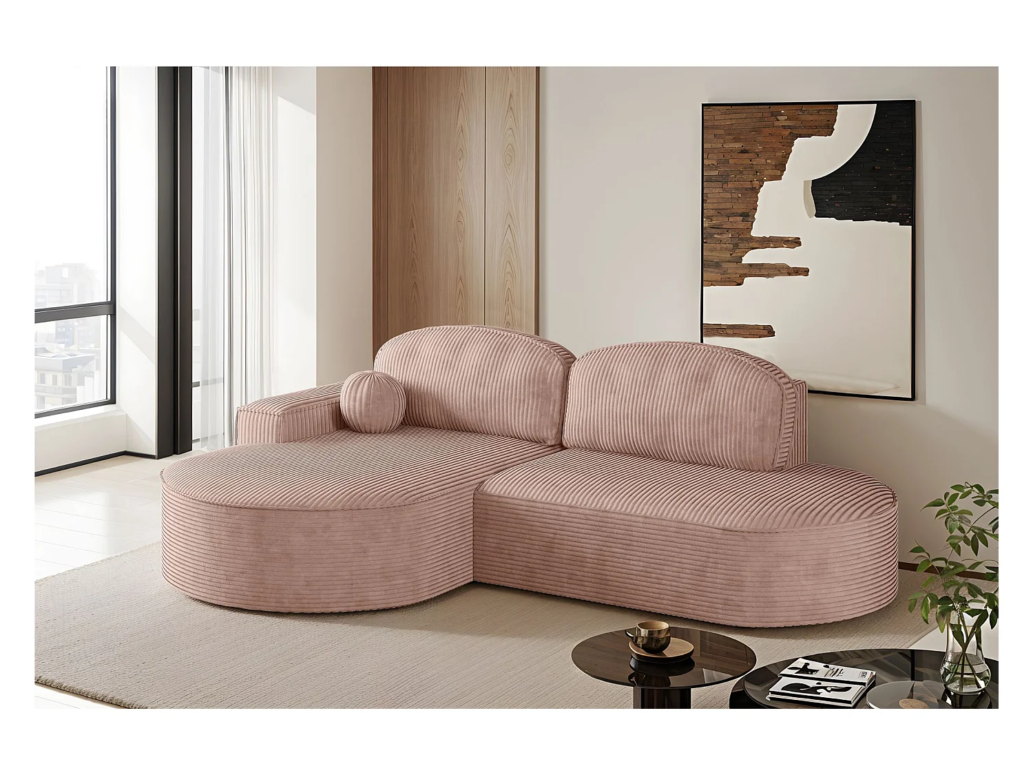 Canapé d'angle avec fonction couchage et coffre de lit Modena Round tissu Poso Rosa Gauche