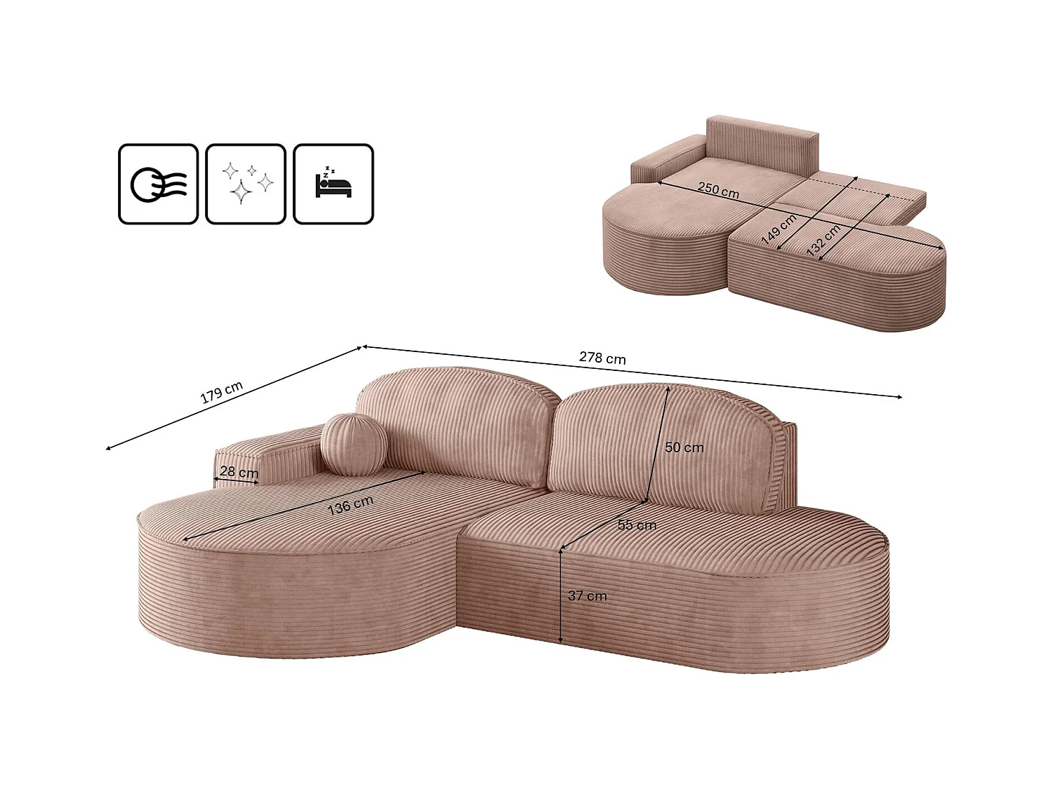 Canapé d'angle avec fonction couchage et coffre de lit Modena Round tissu Poso Rosa Gauche