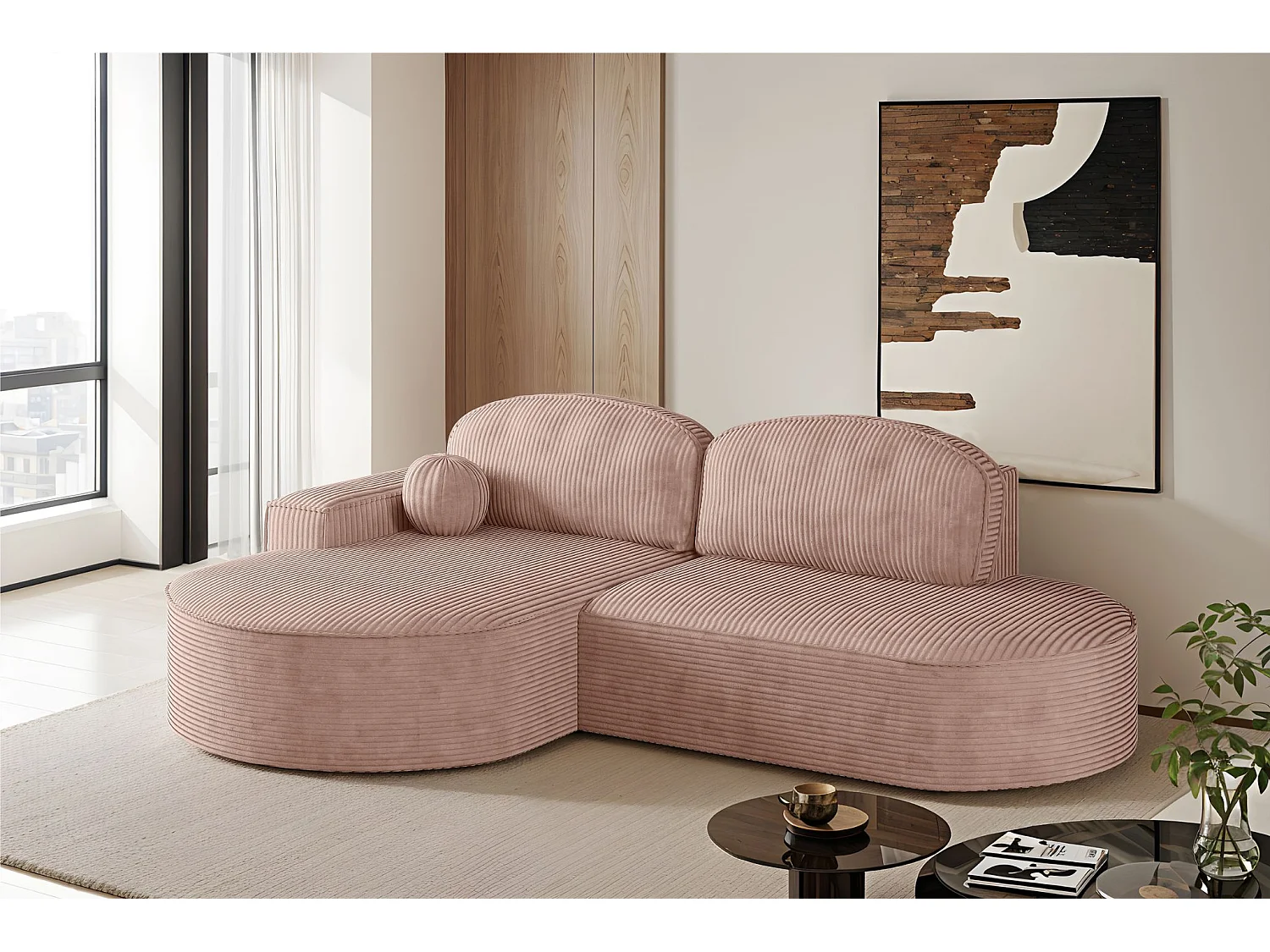Canapé d'angle avec fonction couchage et coffre de lit Modena Round tissu Poso Rosa Gauche