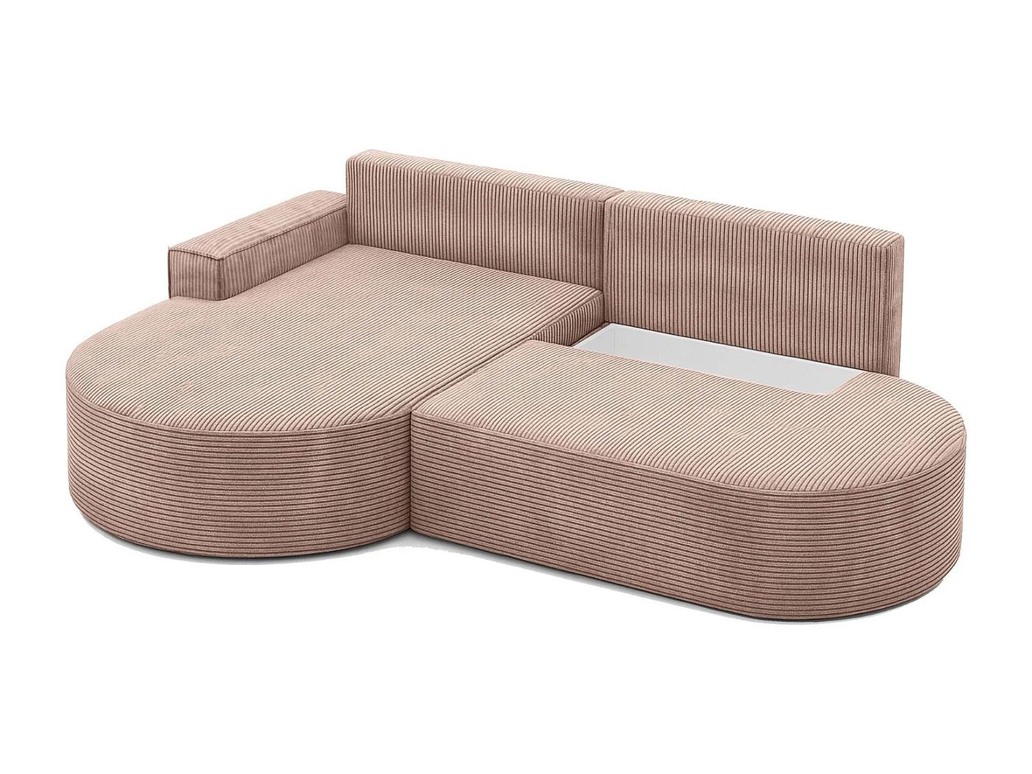 Canapé d'angle avec fonction couchage et coffre de lit Modena Round tissu Poso Rosa Gauche