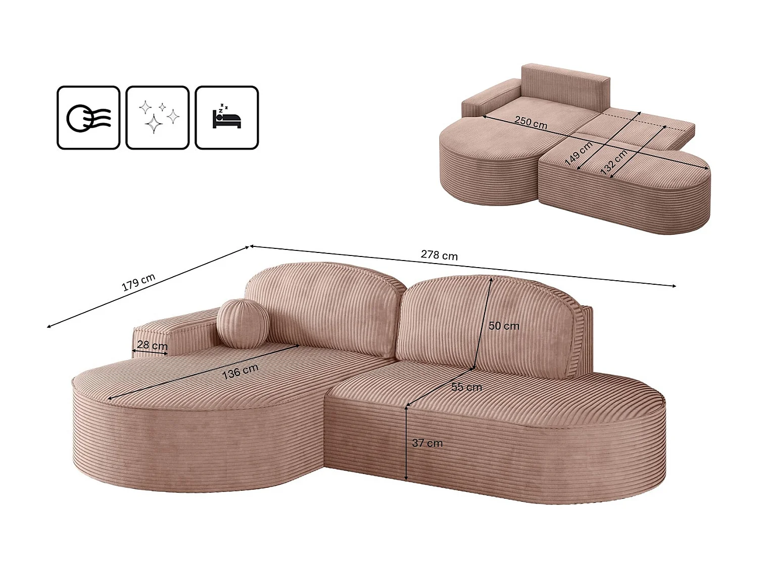 Canapé d'angle avec fonction couchage et coffre de lit Modena Round tissu Poso Rosa Gauche