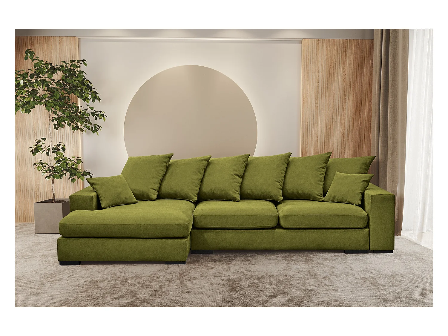 Canapé d'angle avec fonction couchage et coffre de lit, canapé en L, canapé en L tissu Gabon Riviera Gauche Vert Clair