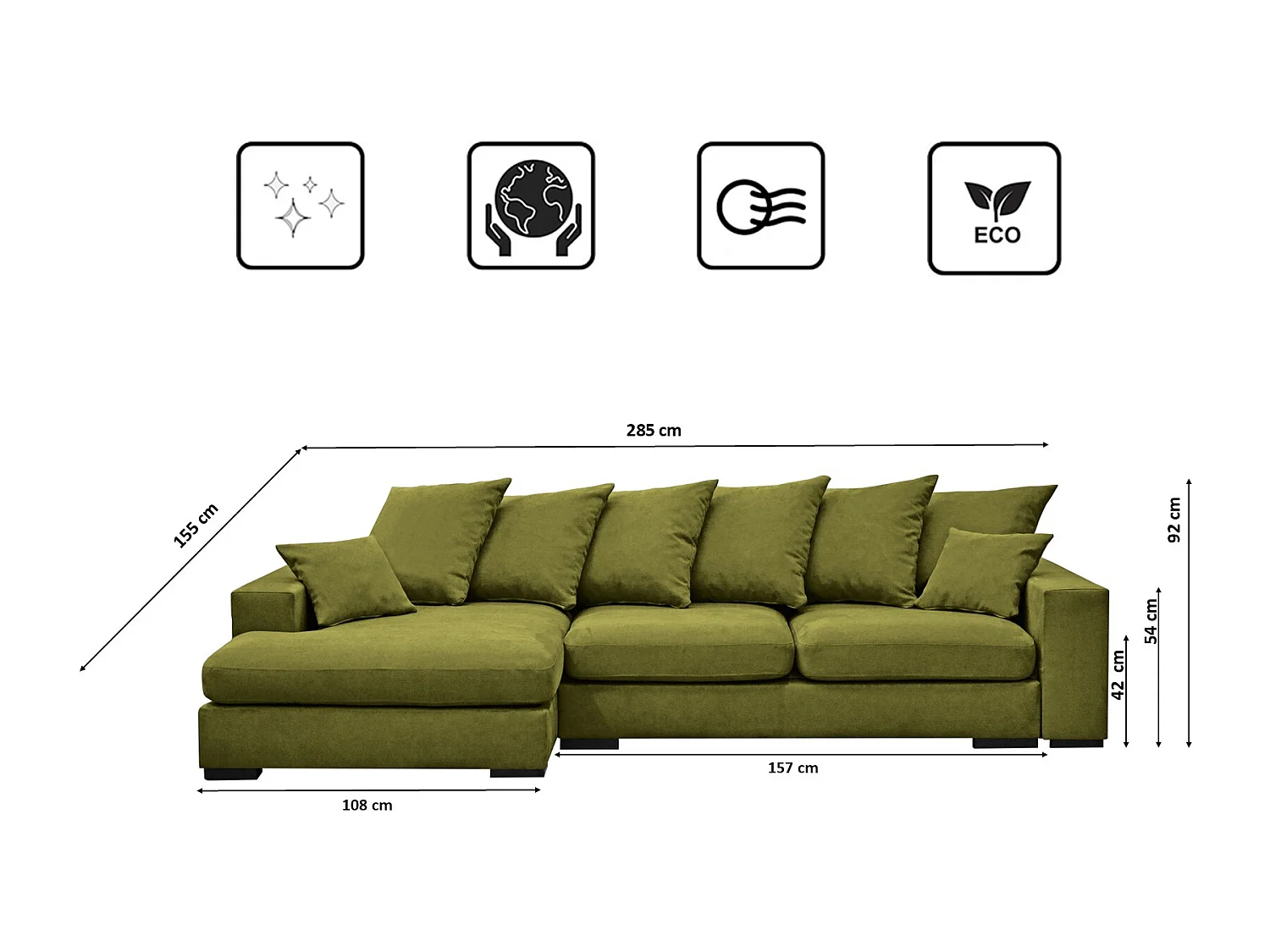 Canapé d'angle avec fonction couchage et coffre de lit, canapé en L, canapé en L tissu Gabon Riviera Gauche Vert Clair