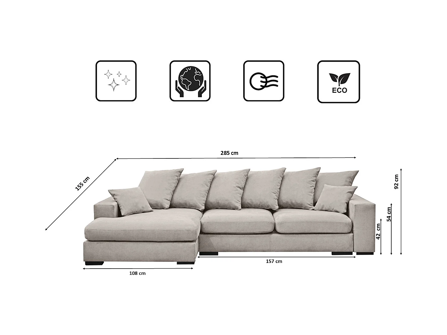 Canapé d'angle avec fonction couchage et coffre de lit, canapé en L, canapé en L tissu Gabon Riviera Gauche Gris Clair