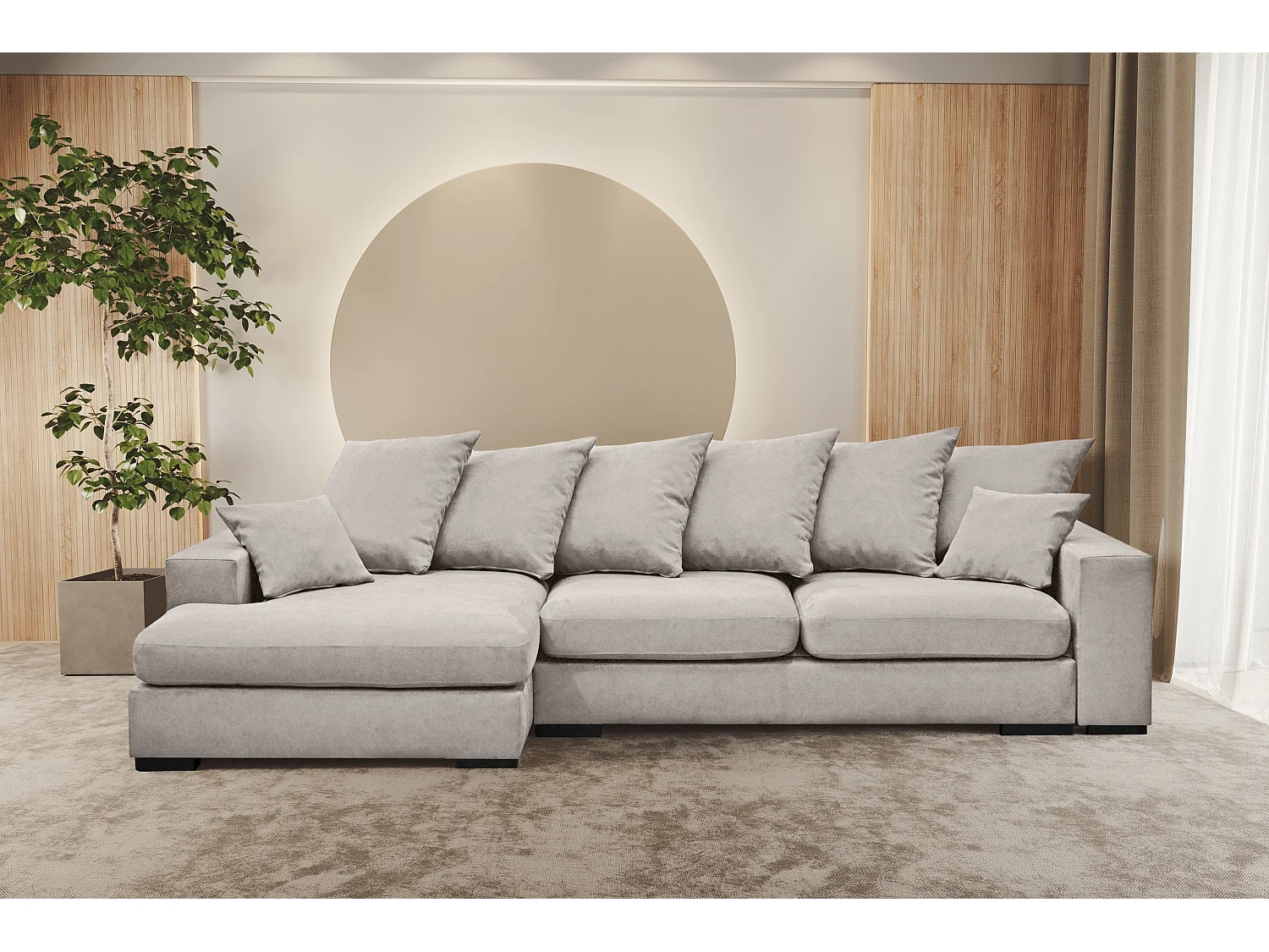 Divano angolare con funzione letto e contenitore, divano a L, divano a L tessuto Gabon Riviera Left Light Grey