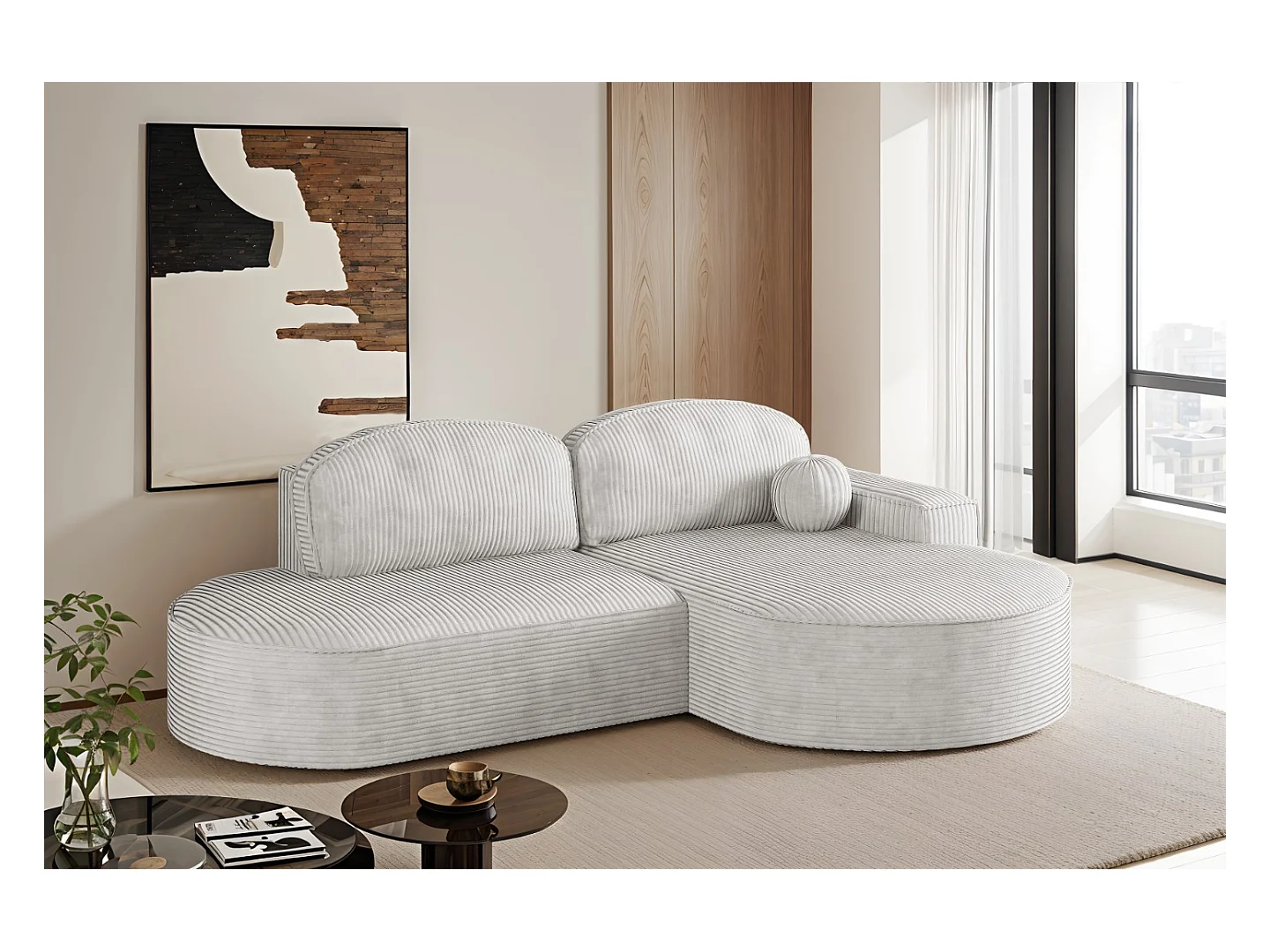 Canapé d'angle avec fonction couchage et coffre de lit Modena Round tissu Poso Beige Droite