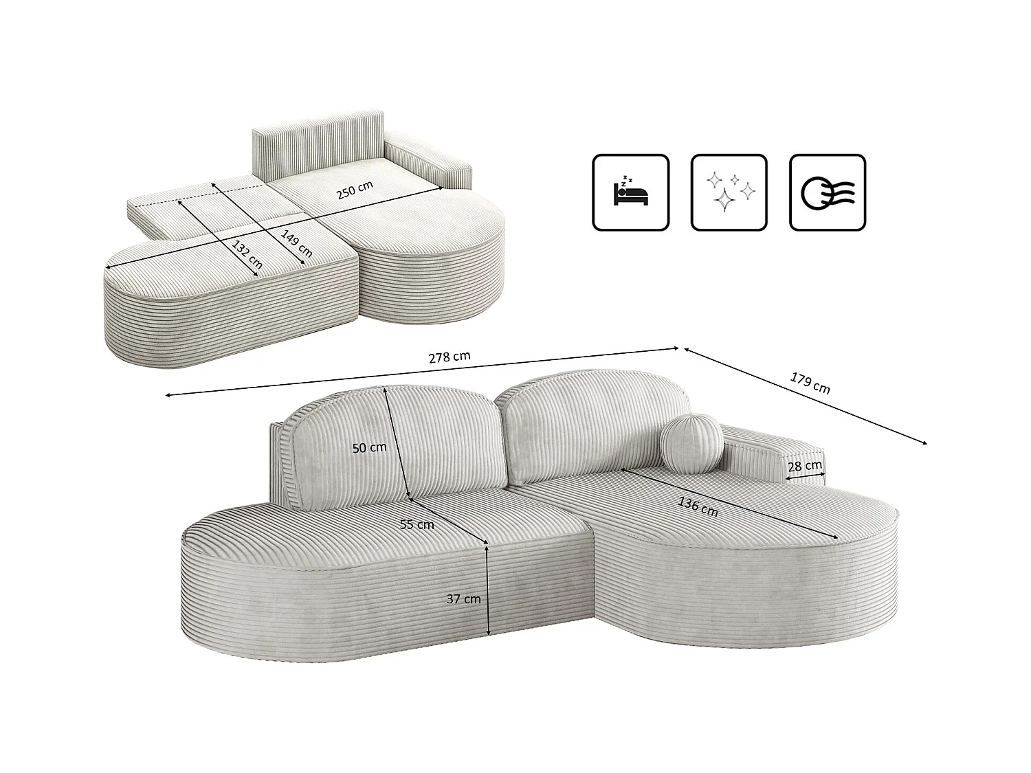 Canapé d'angle avec fonction couchage et coffre de lit Modena Round tissu Poso Beige Droite