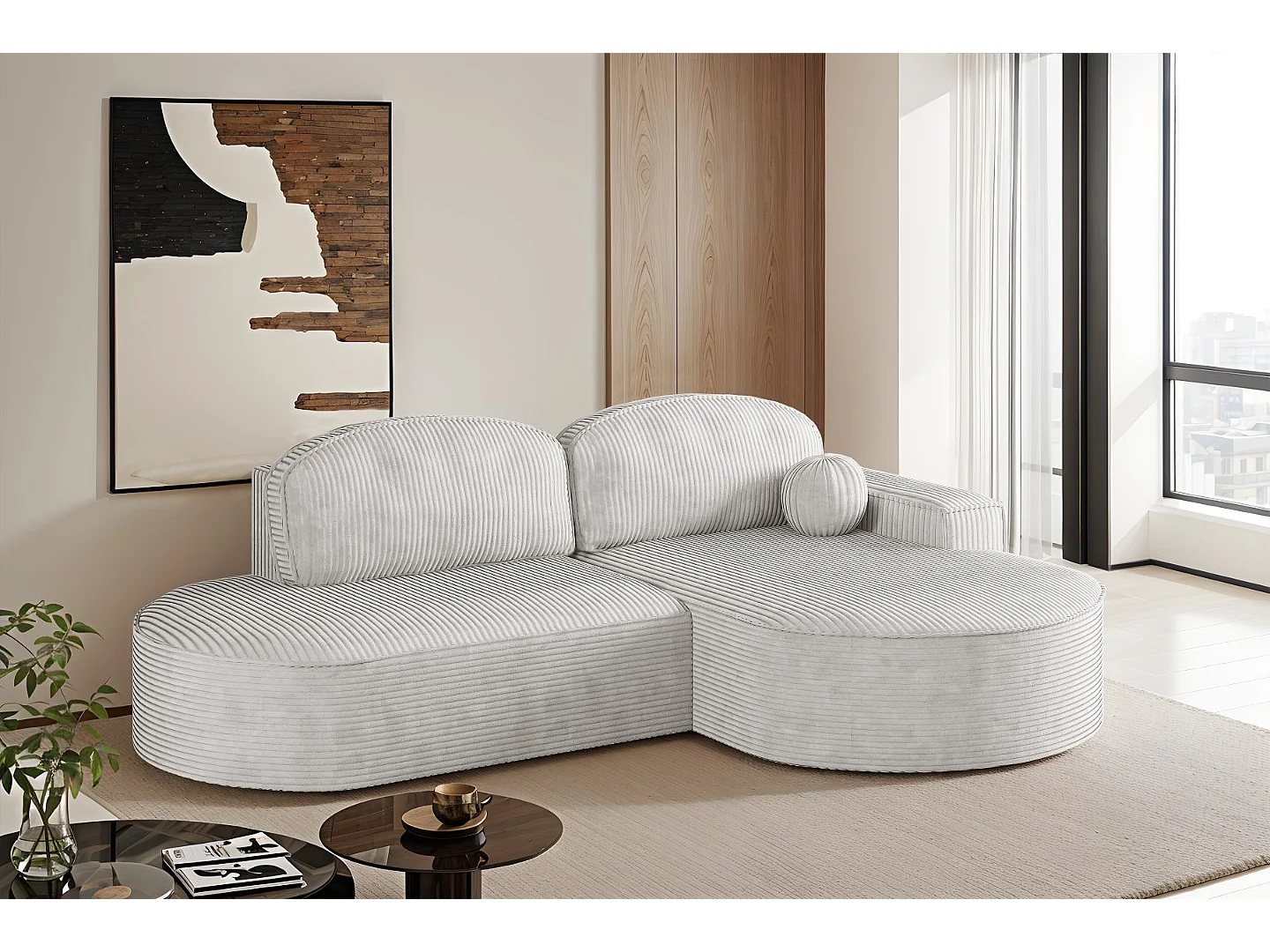 Canapé d'angle avec fonction couchage et coffre de lit Modena Round tissu Poso Beige Droite