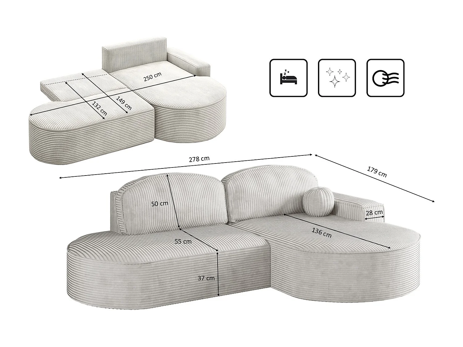 Canapé d'angle avec fonction couchage et coffre de lit Modena Round tissu Poso Beige Droite