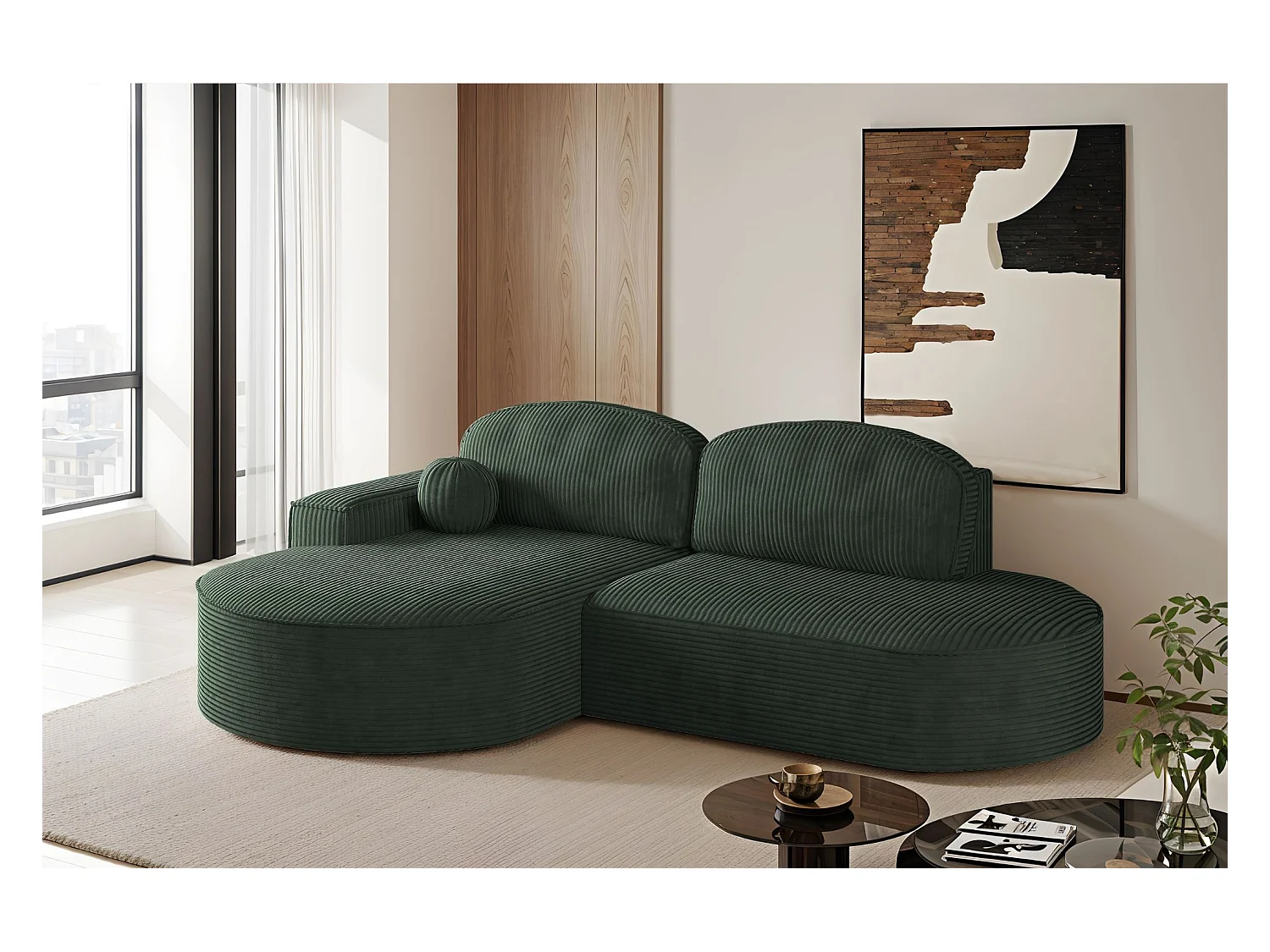 Canapé d'angle avec fonction couchage et coffre de lit Modena Round tissu Poso Green Left
