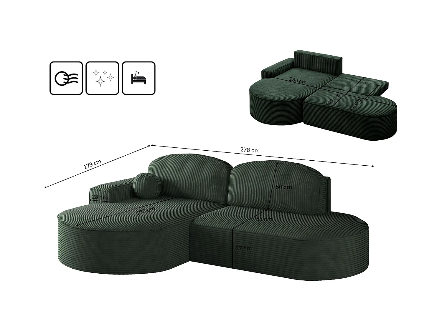 Canapé d'angle avec fonction couchage et coffre de lit Modena Round tissu Poso Green Left