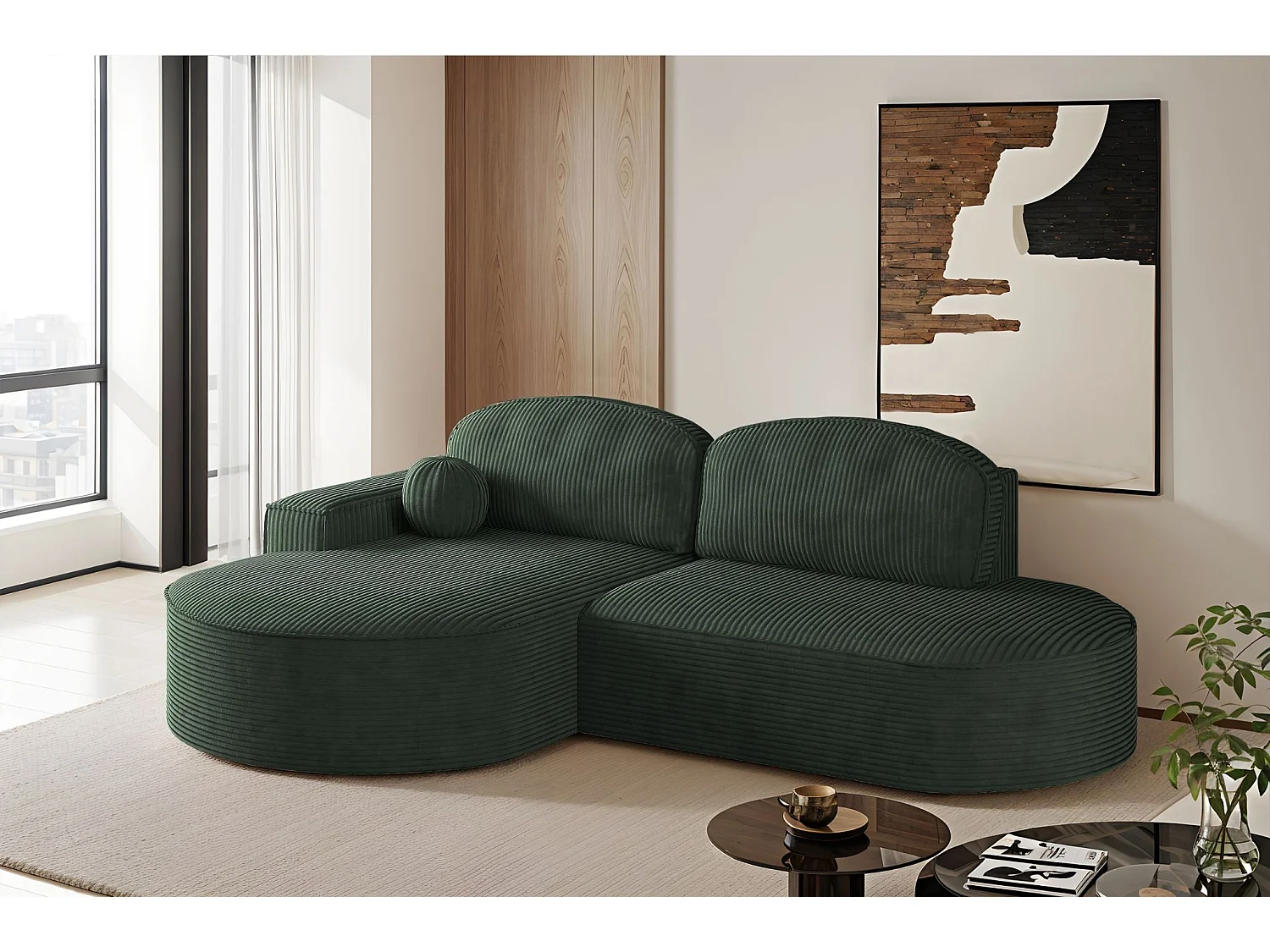 Canapé d'angle avec fonction couchage et coffre de lit Modena Round tissu Poso Green Left