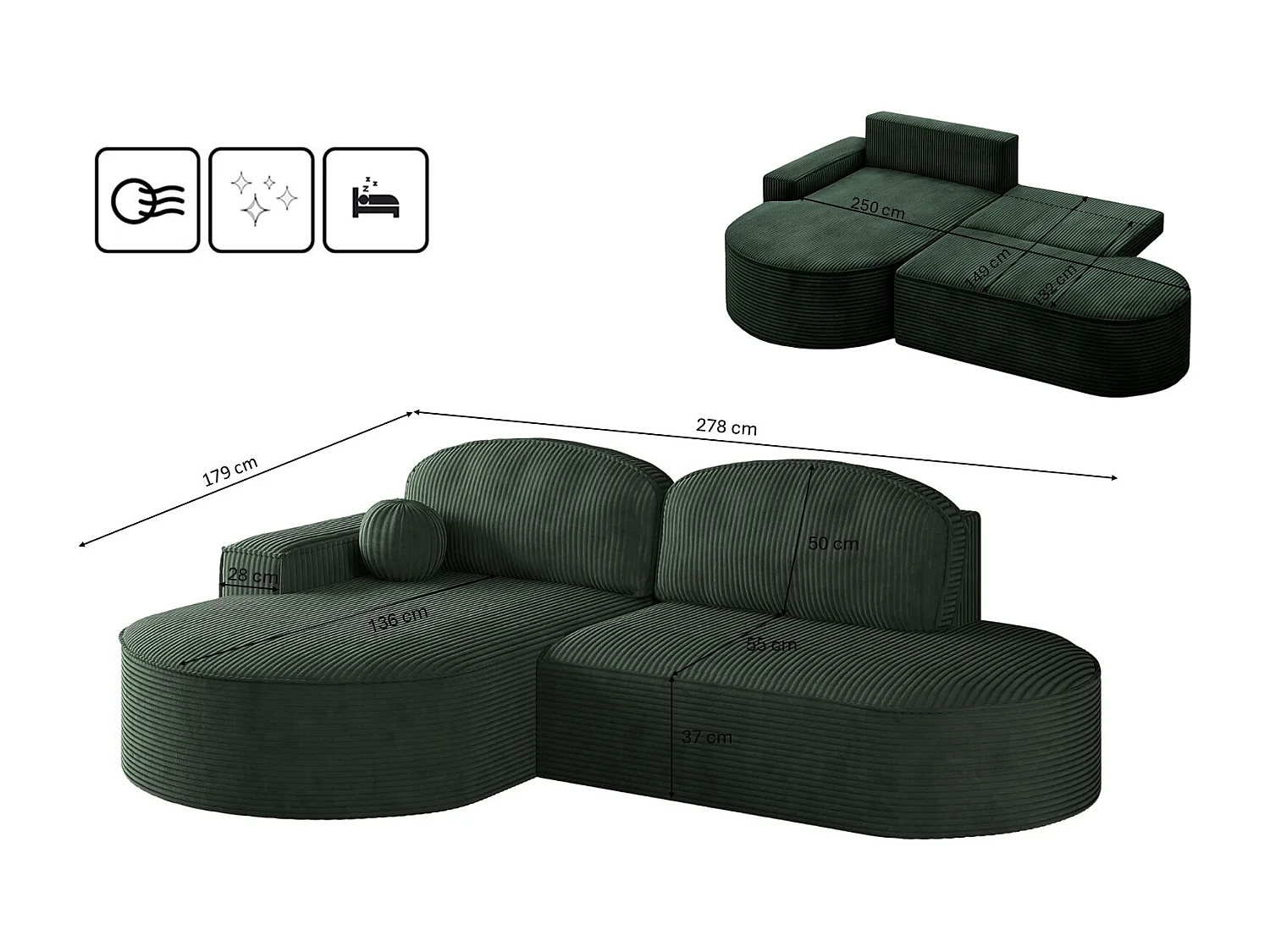 Canapé d'angle avec fonction couchage et coffre de lit Modena Round tissu Poso Green Left
