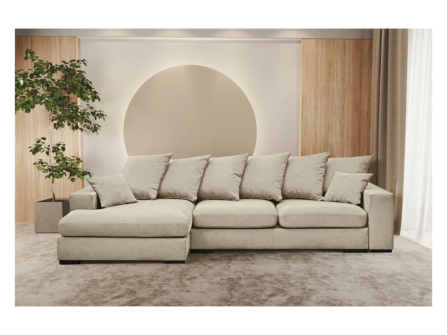 Canapé d'angle avec fonction couchage et coffre de lit, Canapé forme L, Canapé forme L tissu Gabon Riviera Gauche Beige Clair
