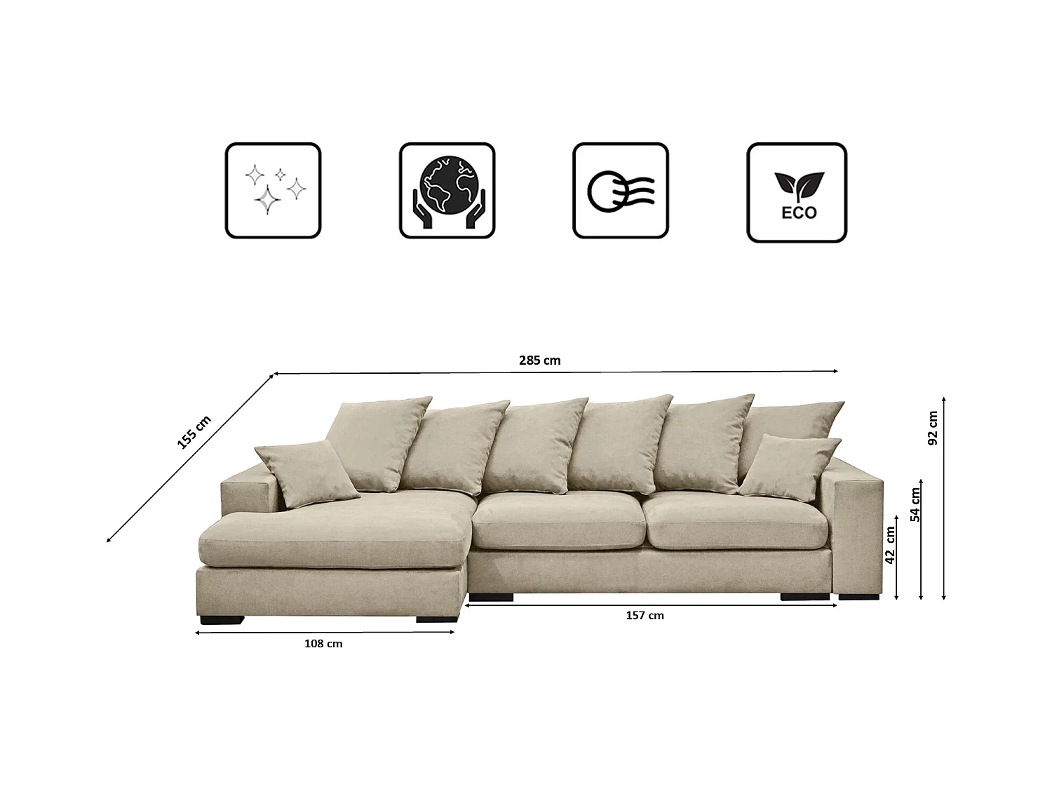 Canapé d'angle avec fonction couchage et coffre de lit, Canapé forme L, Canapé forme L tissu Gabon Riviera Gauche Beige Clair