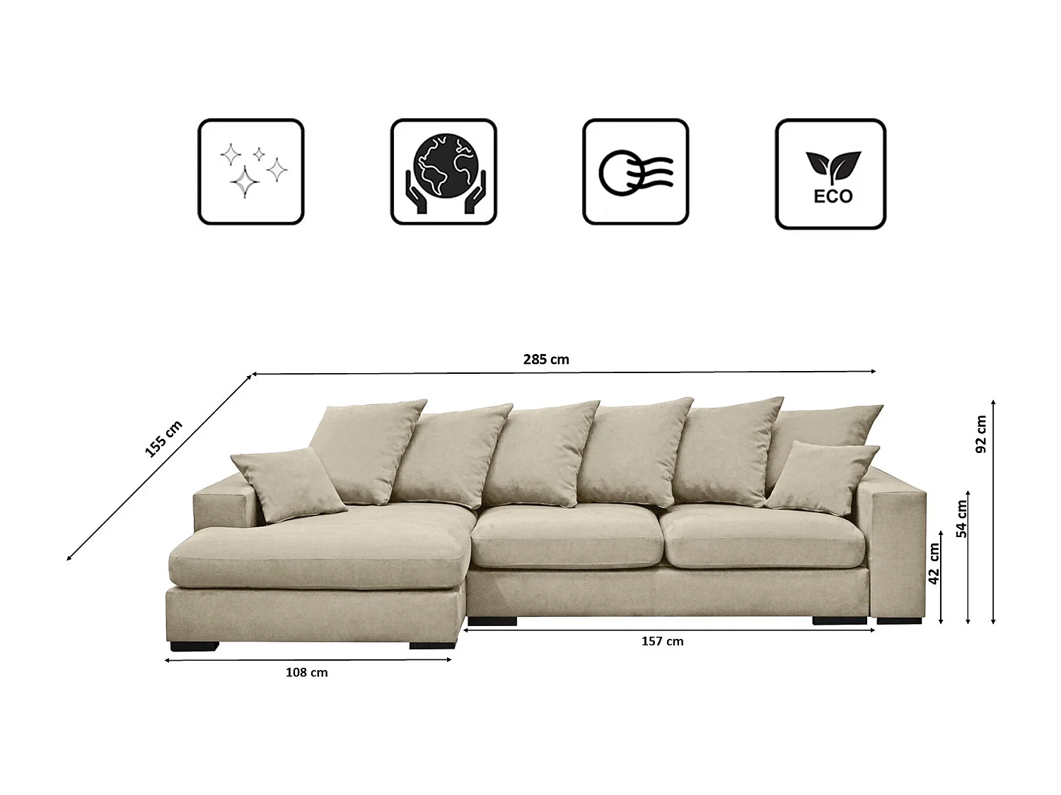 Canapé d'angle avec fonction couchage et coffre de lit, Canapé forme L, Canapé forme L tissu Gabon Riviera Gauche Beige Clair