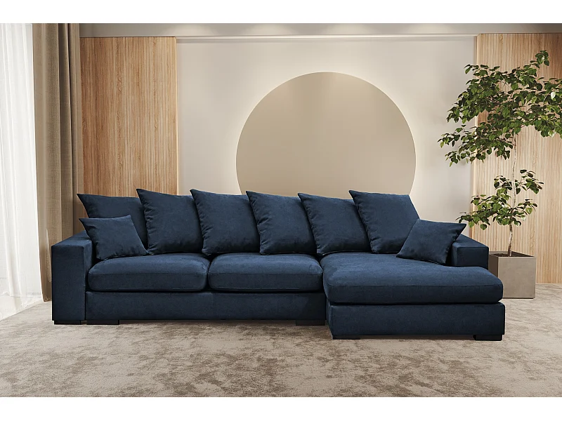 Canapé d'angle avec fonction couchage et coffre de lit, Canapé forme L, Canapé forme L tissu Gabon Riviera Droite Bleu