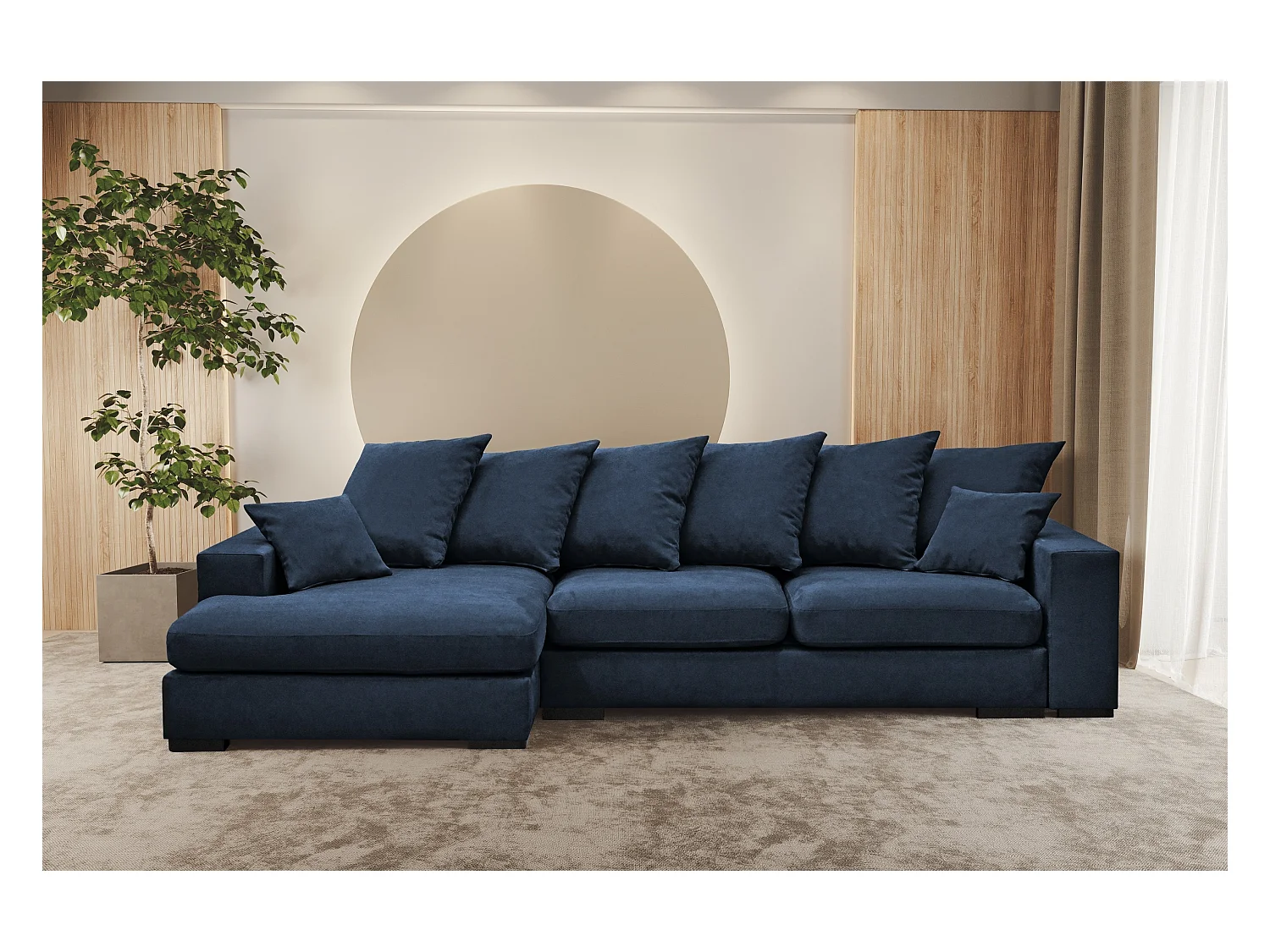 Canapé d'angle avec fonction couchage et coffre de lit, canapé en L, canapé en L tissu Gabon Riviera Gauche Bleu