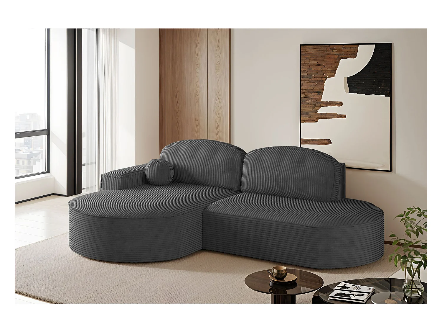 Canapé d'angle avec fonction couchage et coffre de lit Modena Round tissu Poso Graphite Gauche