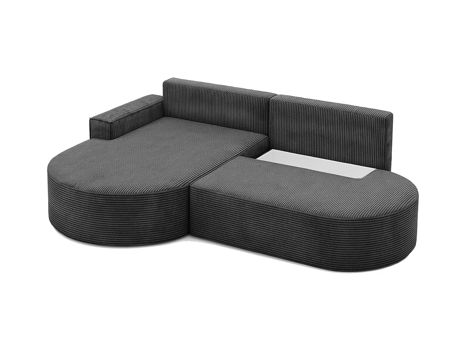 Canapé d'angle avec fonction couchage et coffre de lit Modena Round tissu Poso Graphite Gauche