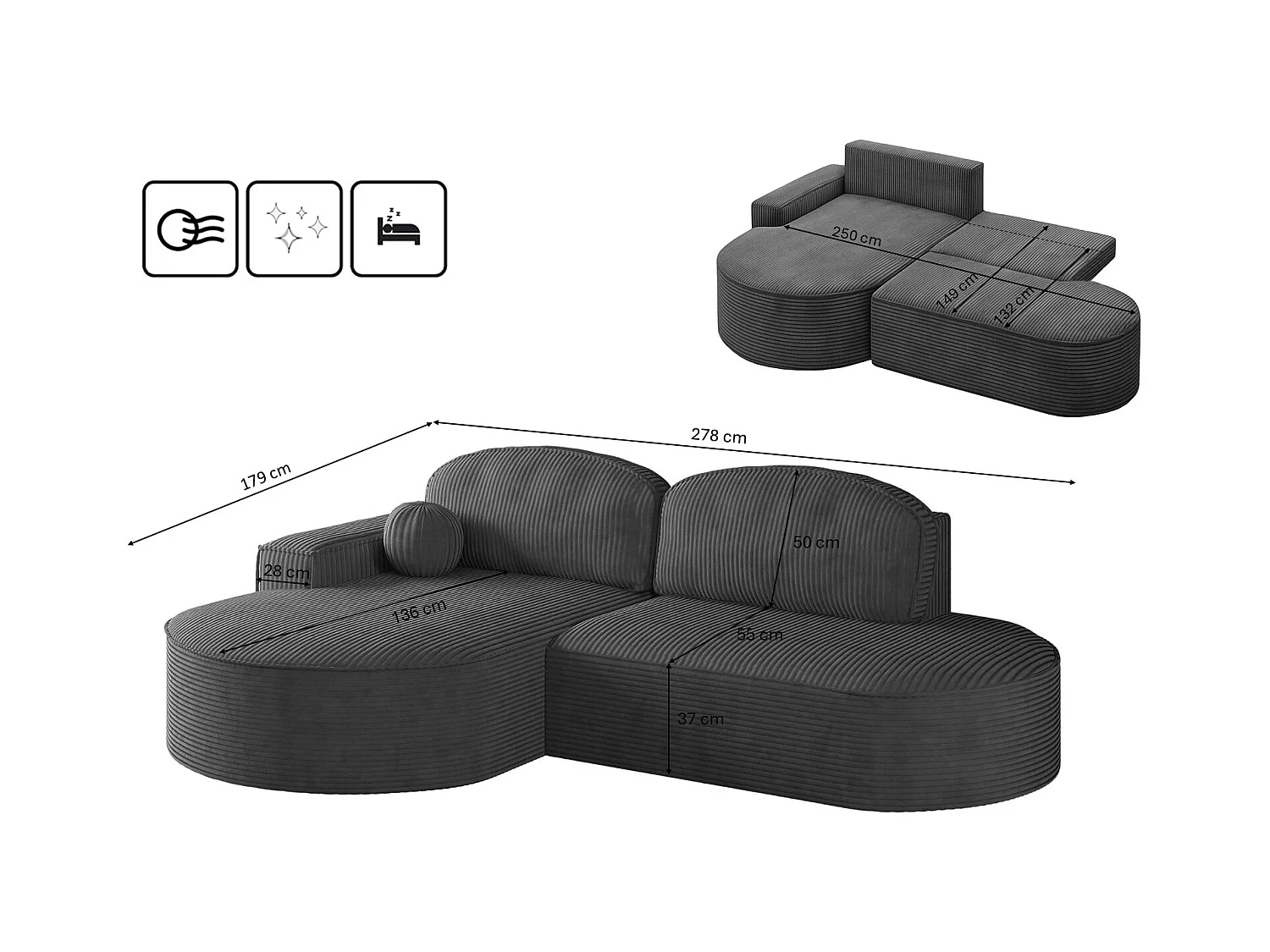 Canapé d'angle avec fonction couchage et coffre de lit Modena Round tissu Poso Graphite Gauche
