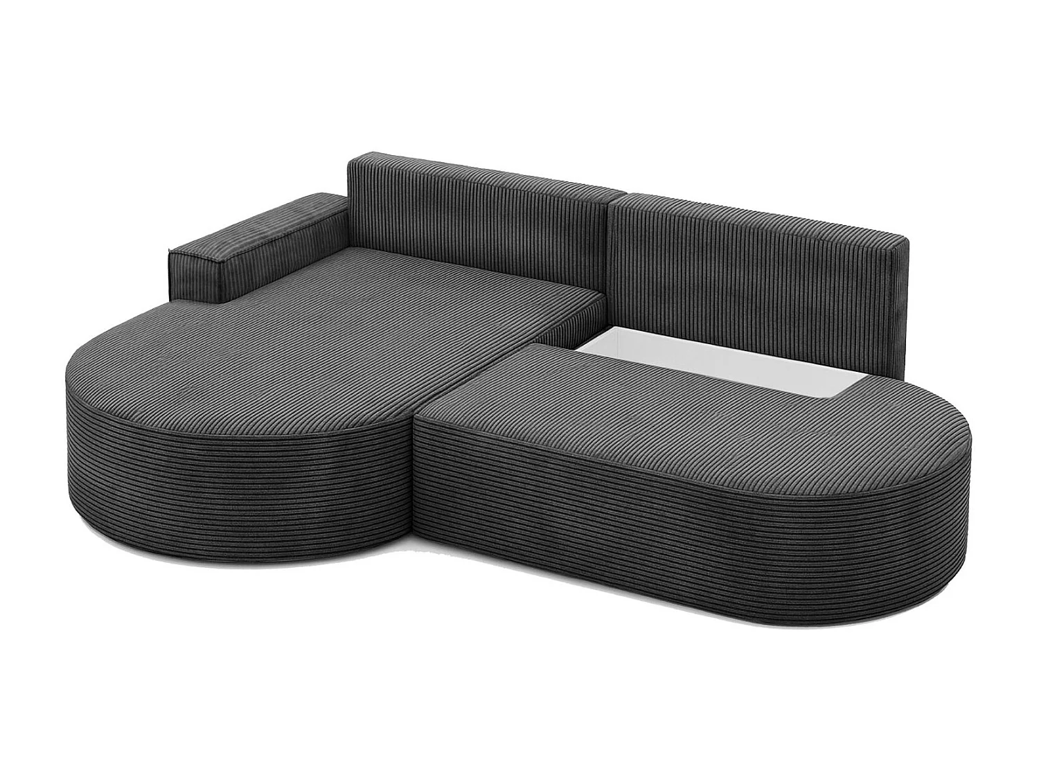 Canapé d'angle avec fonction couchage et coffre de lit Modena Round tissu Poso Graphite Gauche