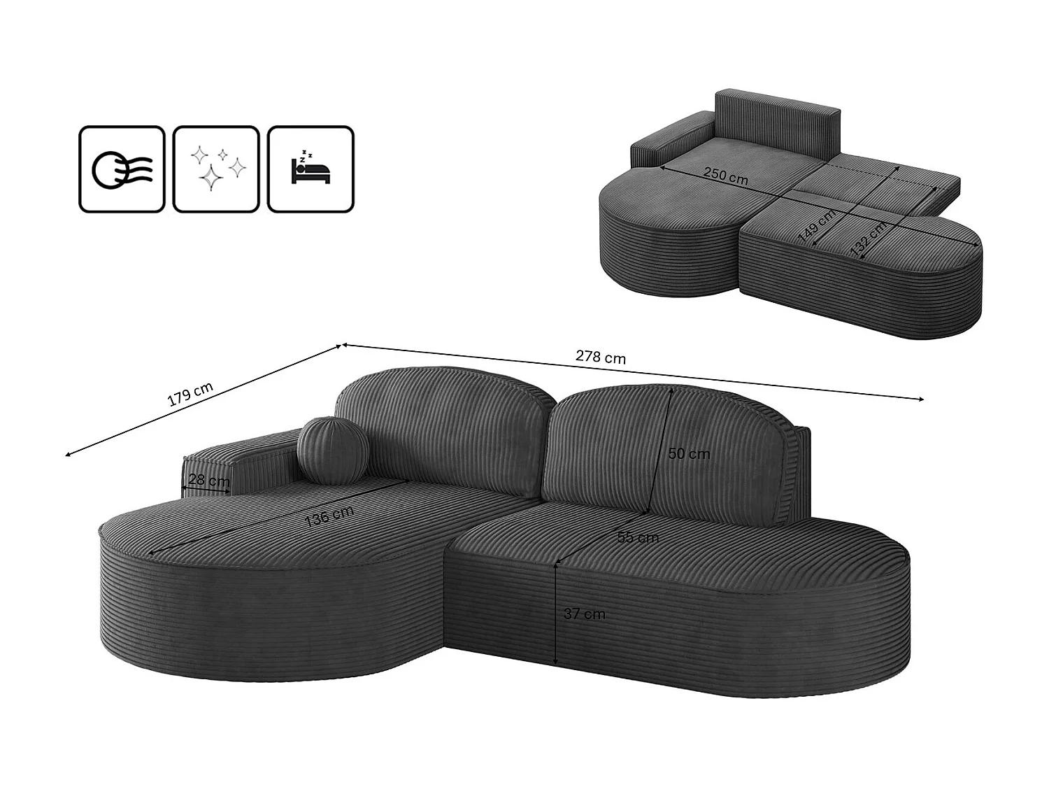 Canapé d'angle avec fonction couchage et coffre de lit Modena Round tissu Poso Graphite Gauche