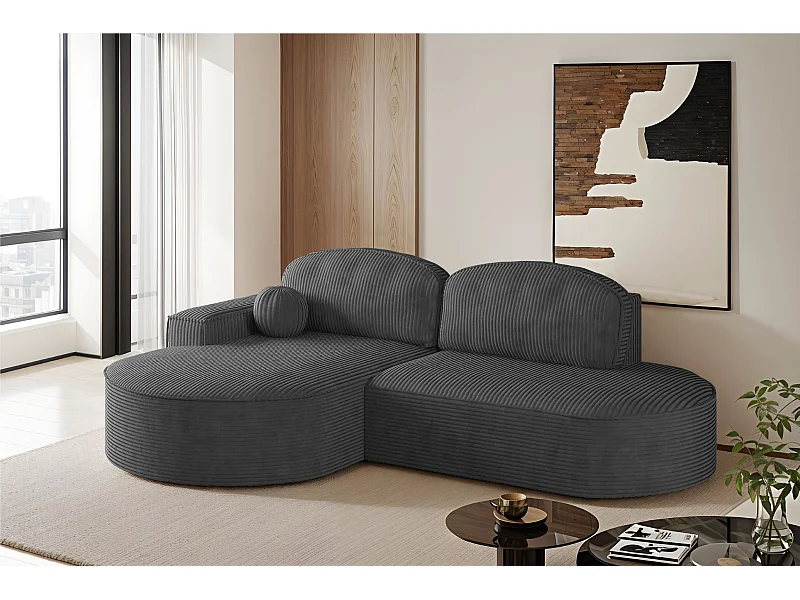 Canapé d'angle avec fonction couchage et coffre de lit Modena Round tissu Poso Graphite Gauche