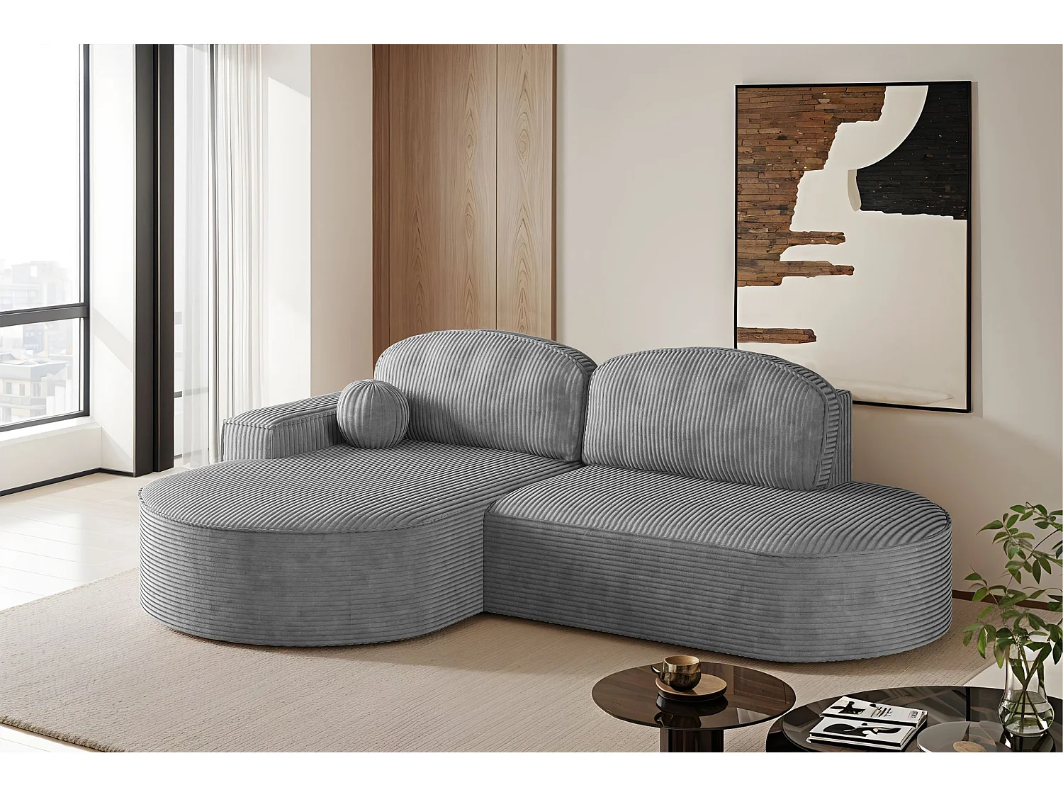 Canapé d'angle avec fonction couchage et coffre de lit Modena Round tissu Poso Silver Left