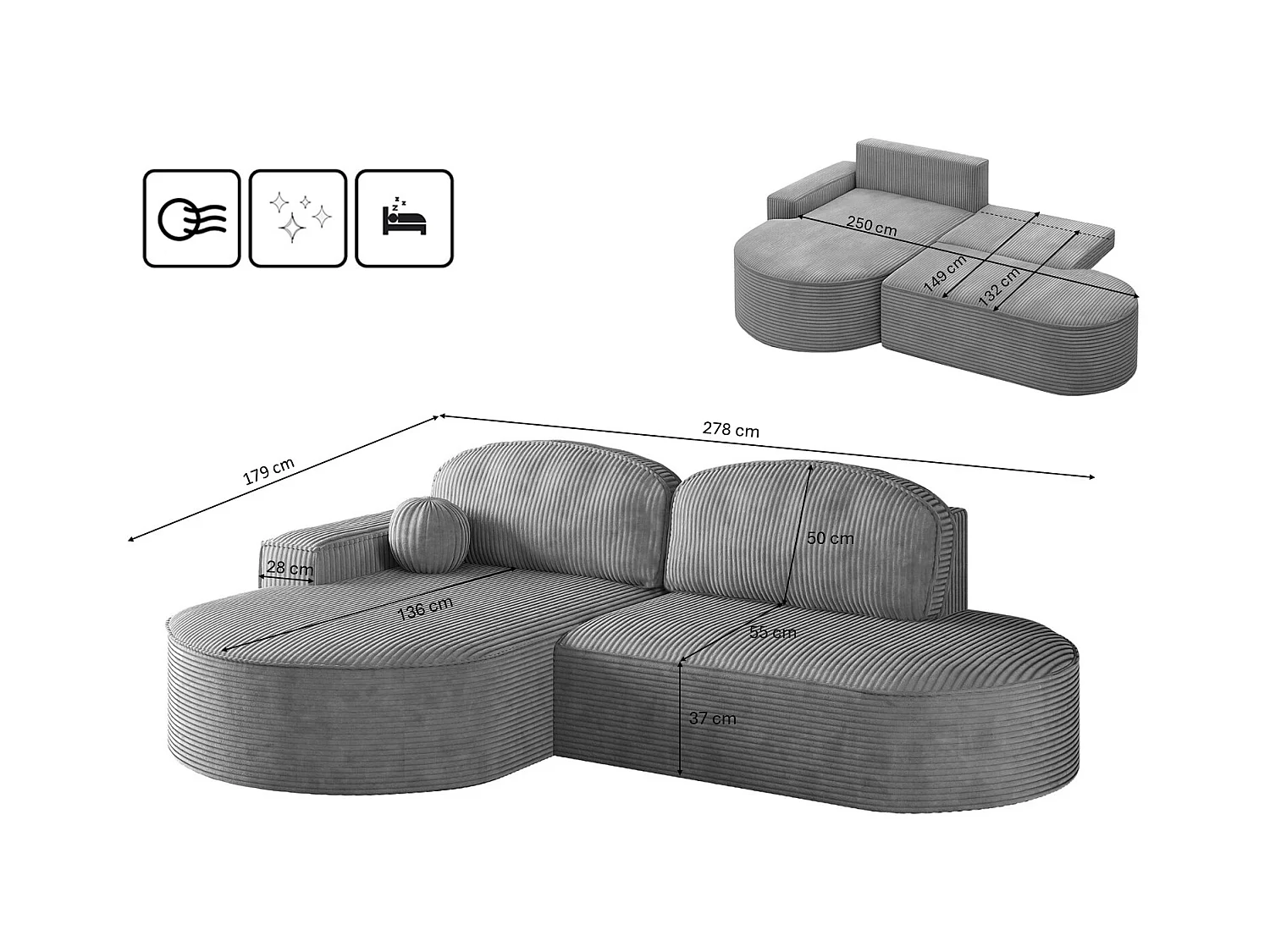 Canapé d'angle avec fonction couchage et coffre de lit Modena Round tissu Poso Silver Left