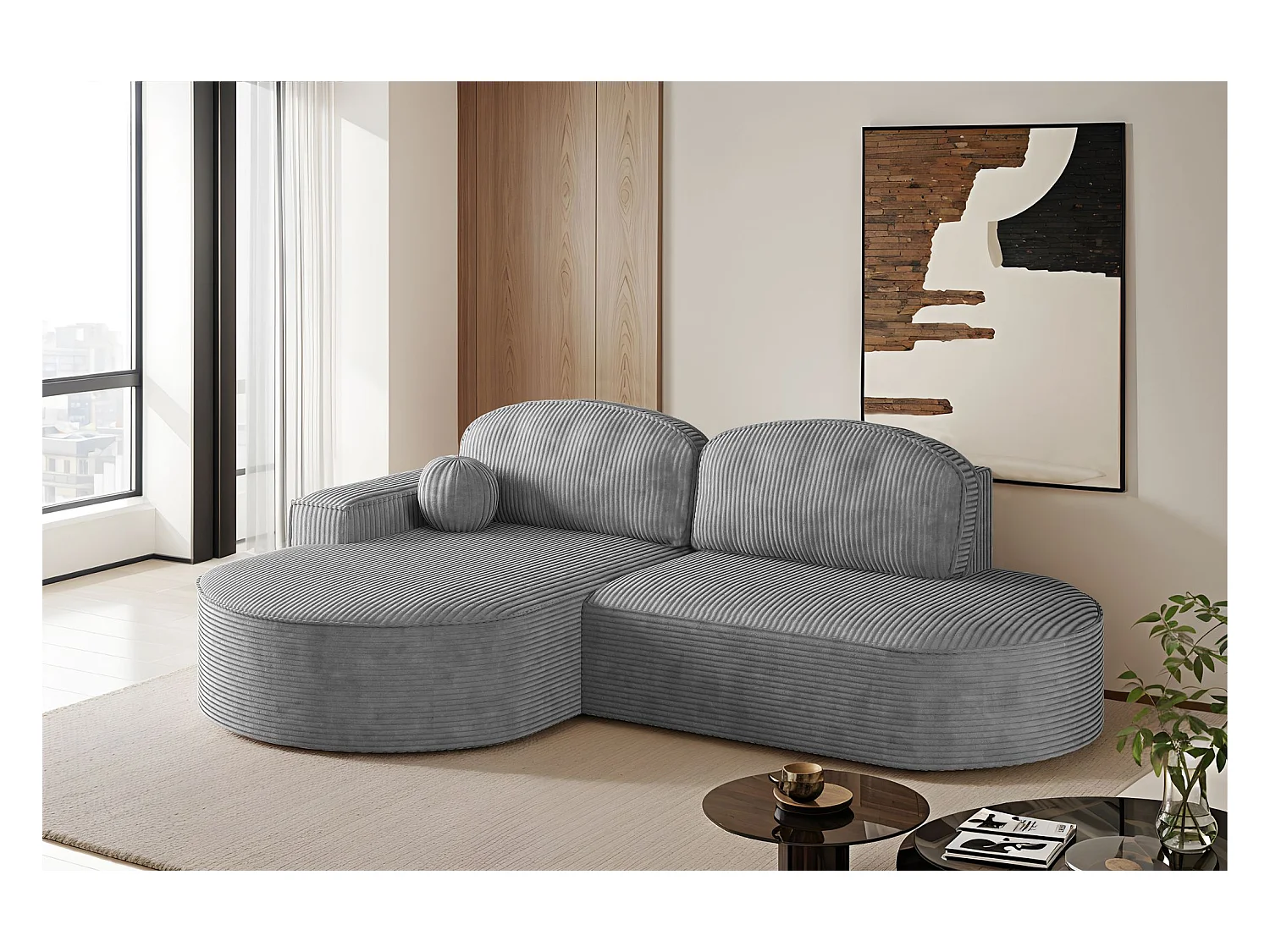 Ecksofa mit Schlaffunktion und Bettkasten Modena Runden stoff Poso Silber Links