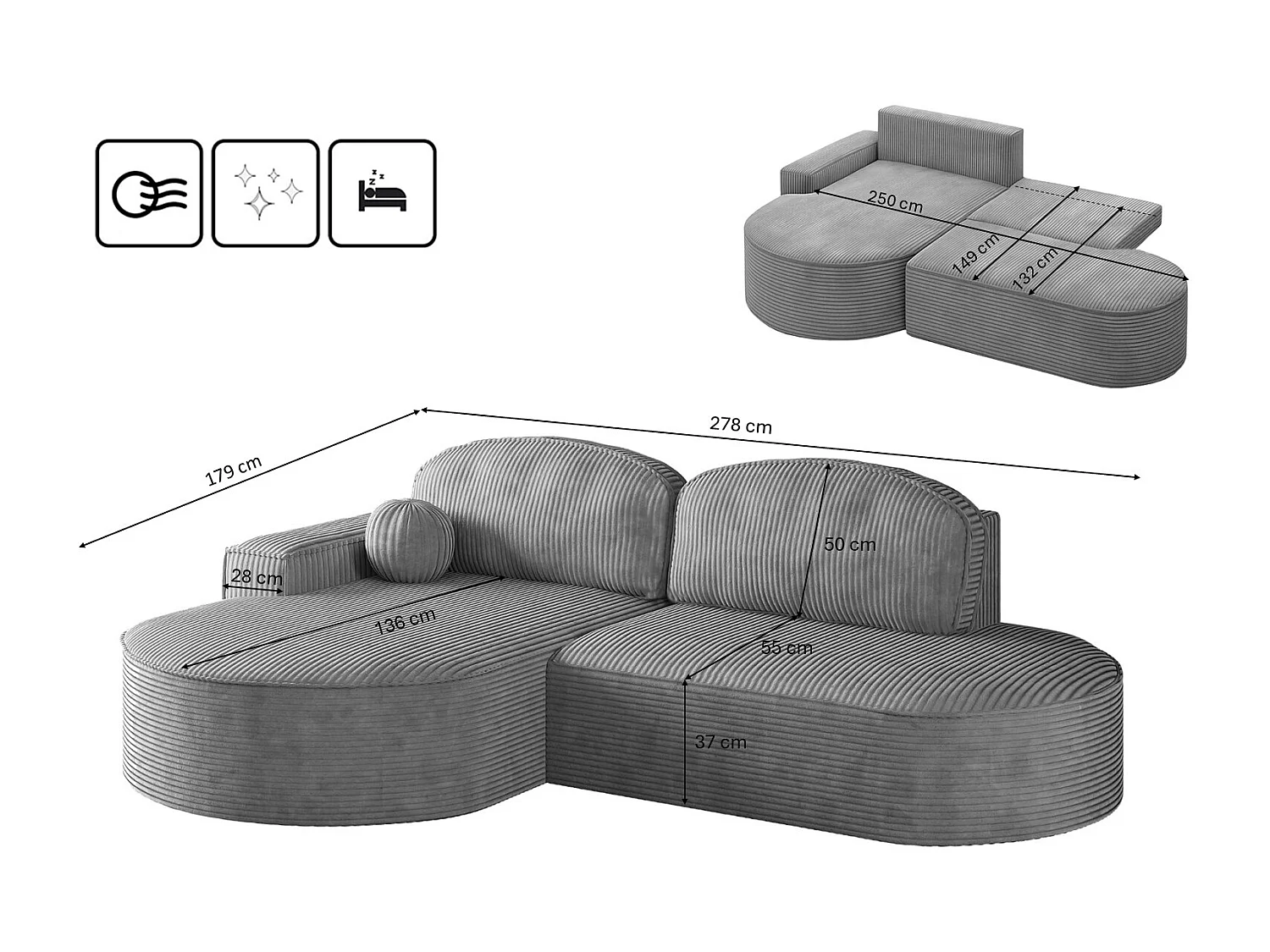 Canapé d'angle avec fonction couchage et coffre de lit Modena Round tissu Poso Silver Left