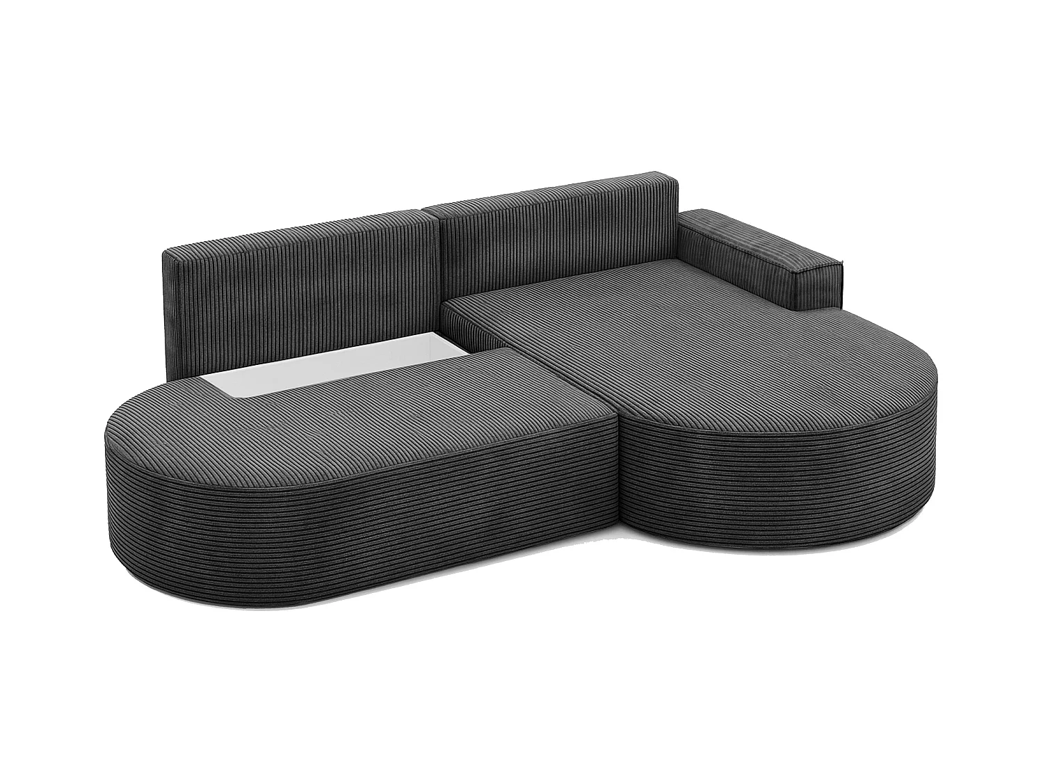 Canapé d'angle avec fonction couchage et coffre de lit Modena Round tissu Poso Graphite Droite