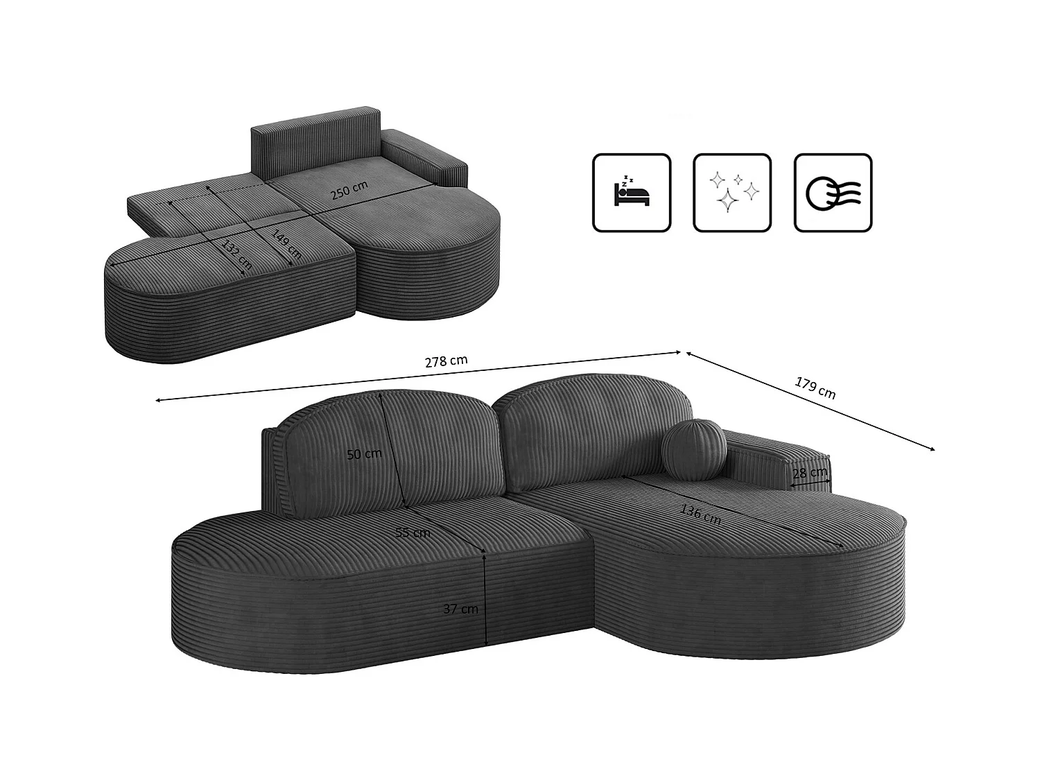 Canapé d'angle avec fonction couchage et coffre de lit Modena Round tissu Poso Graphite Droite