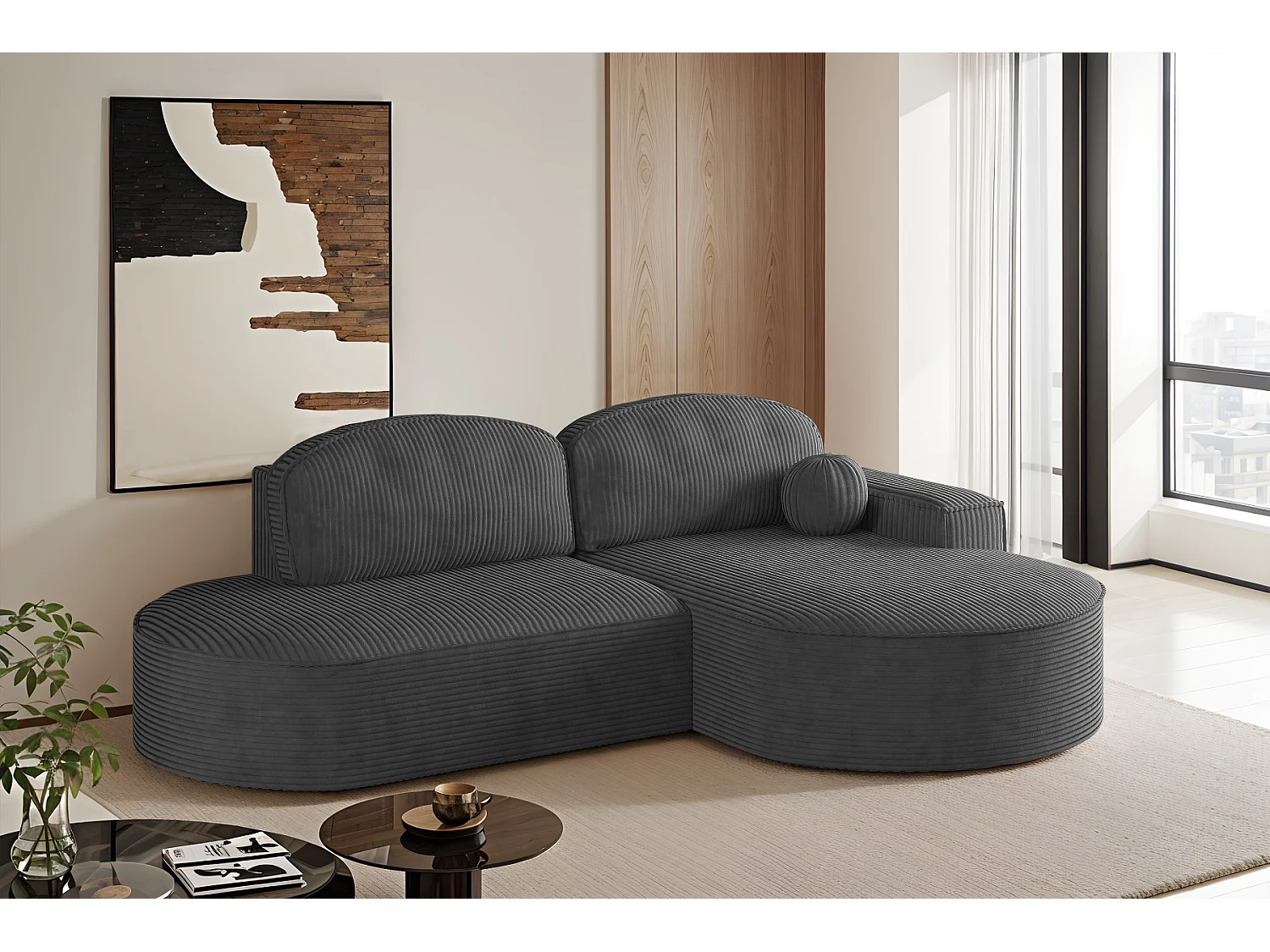 Canapé d'angle avec fonction couchage et coffre de lit Modena Round tissu Poso Graphite Droite