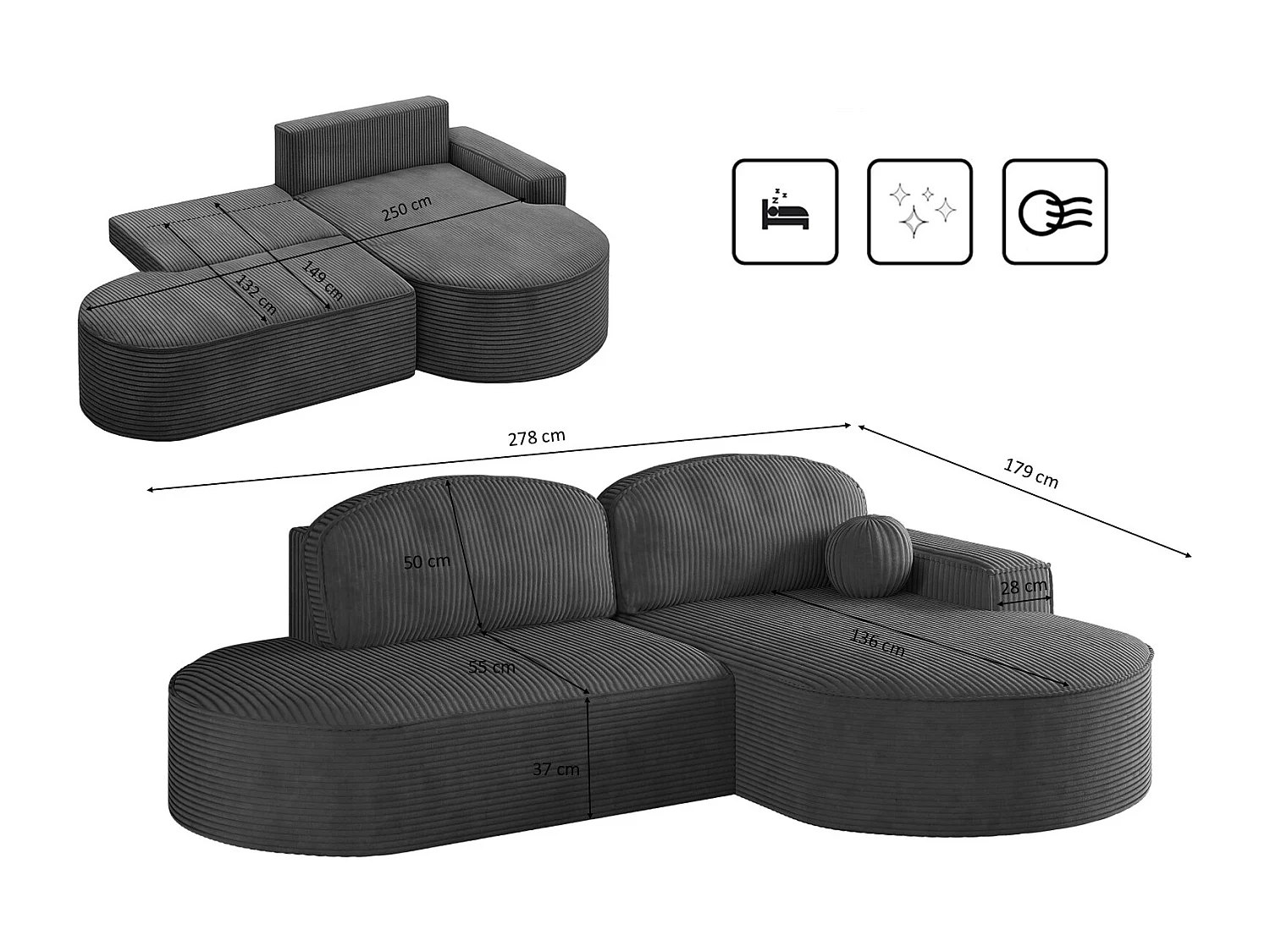 Canapé d'angle avec fonction couchage et coffre de lit Modena Round tissu Poso Graphite Droite