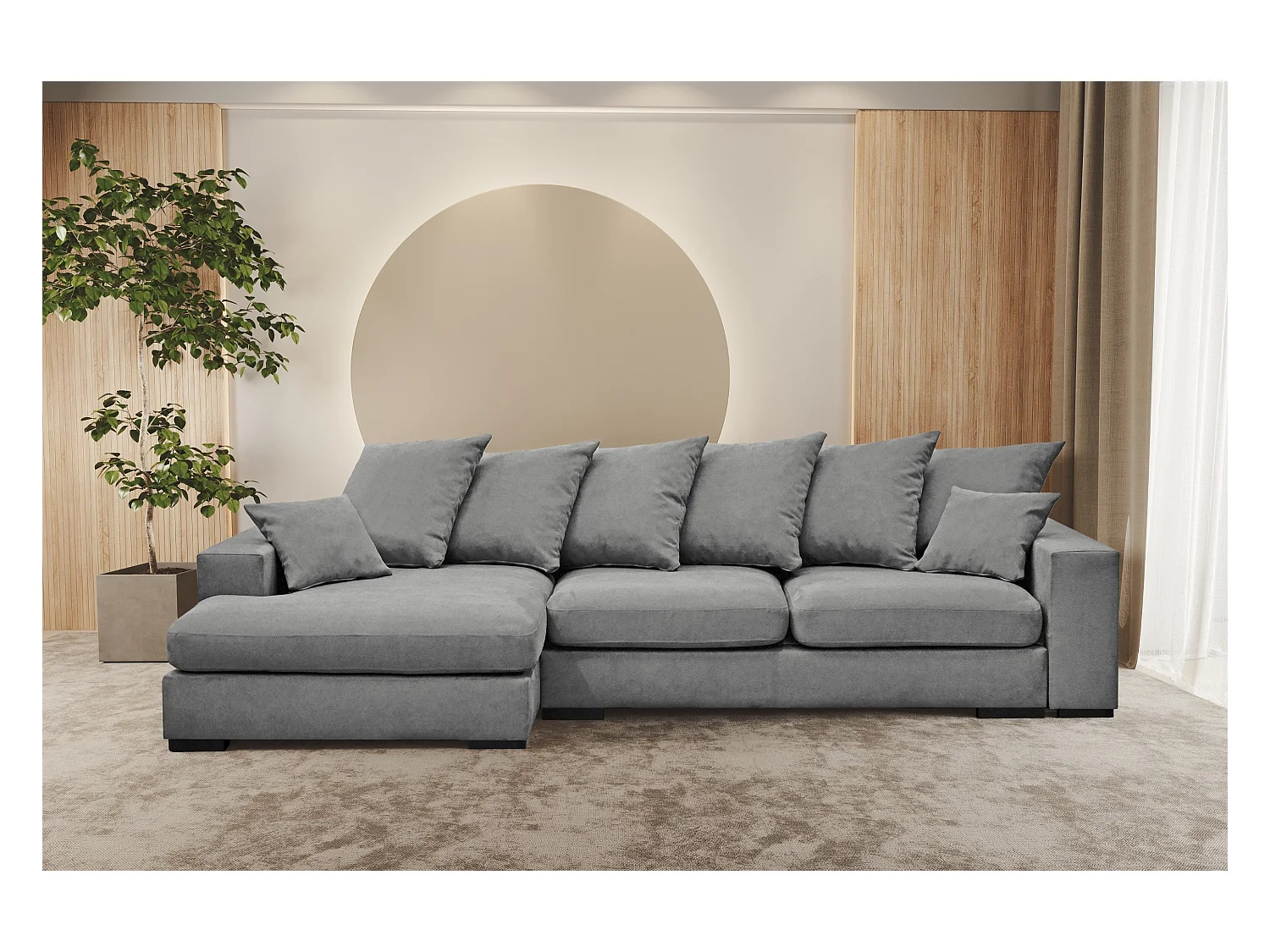 Canapé d'angle avec fonction couchage et coffre de lit, canapé en L, canapé en L tissu Gabon Riviera Gauche Gris