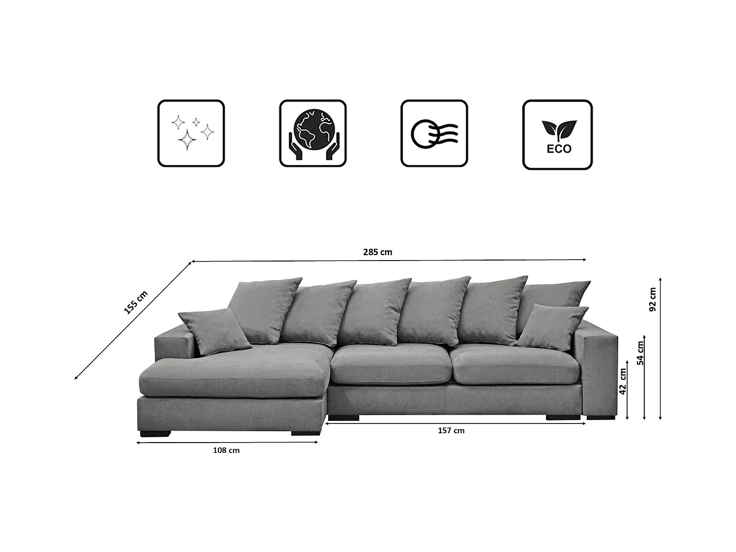 Canapé d'angle avec fonction couchage et coffre de lit, canapé en L, canapé en L tissu Gabon Riviera Gauche Gris