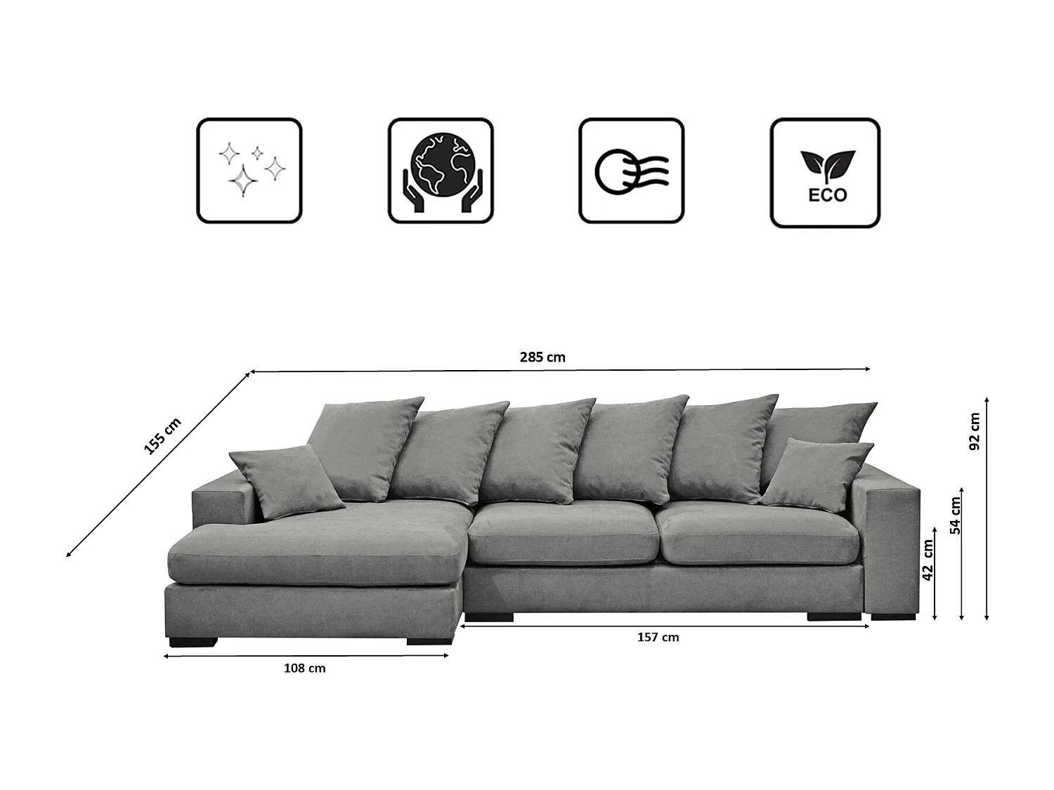 Ecksofa mit schlaffunktion und bettkasten, Sofa L-form, Couch L-form Gabon stoff Riviera Links Grau